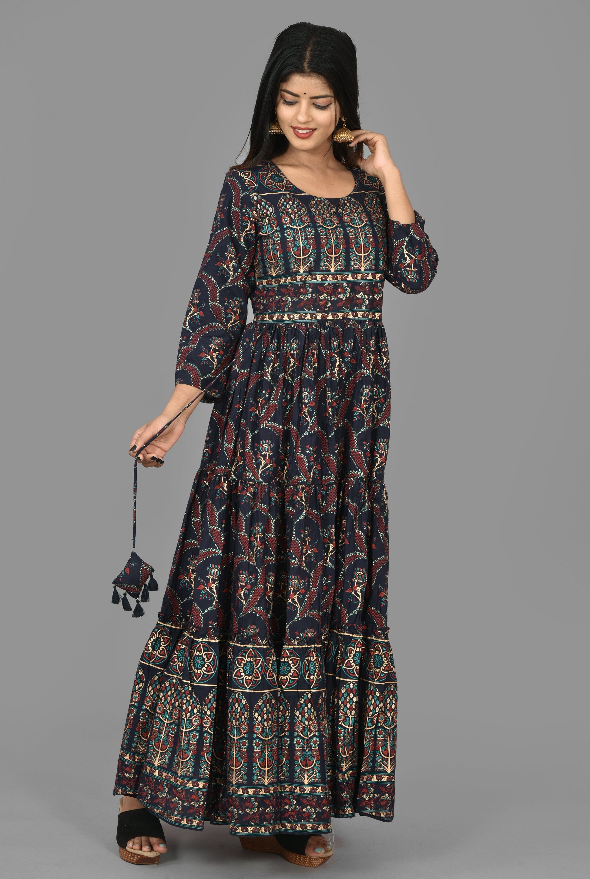 Kaajh Women's Blue Gold Printed Ethnic Anarkali Kurta