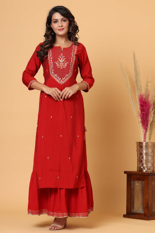 Kaajh Women's Red Embroidery Chanderi Ethnic Kurta