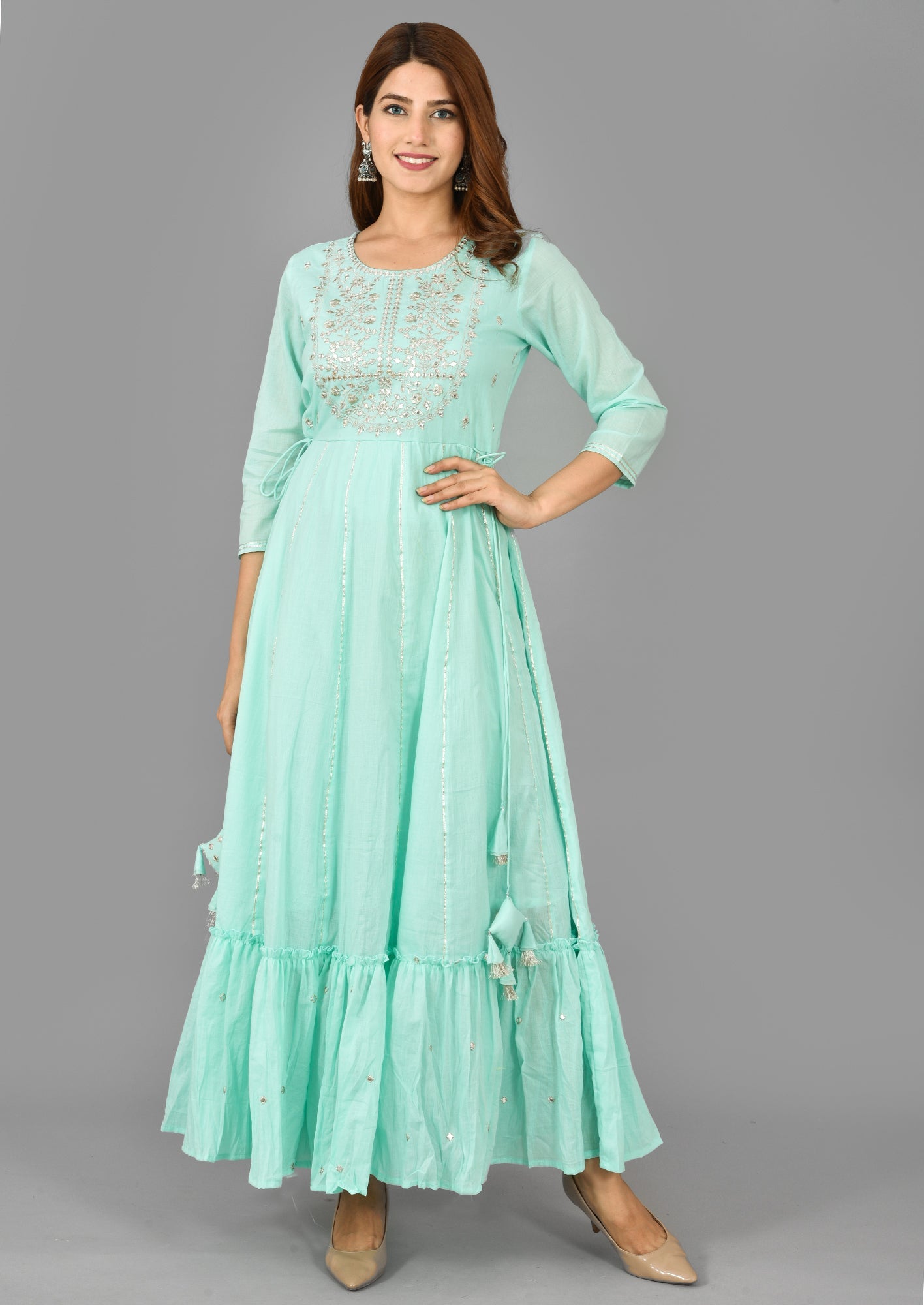 Kaajh Women's Green Mirror Embroidery Anarkali Kurta