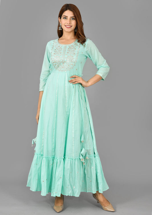 Kaajh Women's Green Mirror Embroidery Anarkali Kurta