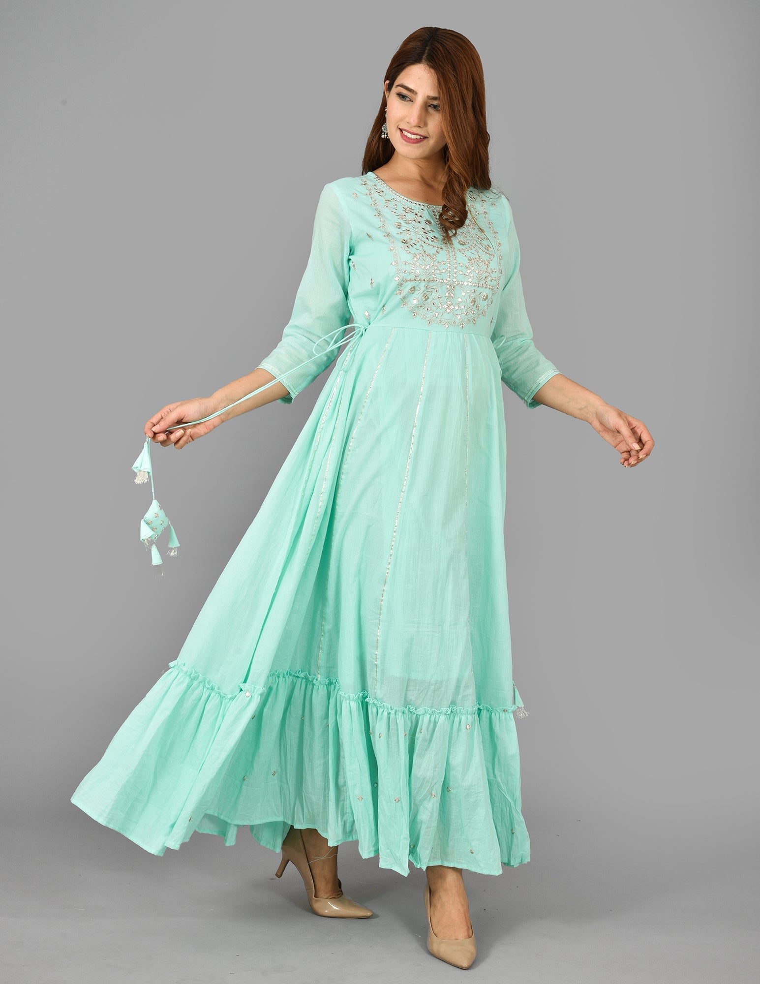 Kaajh Women's Green Mirror Embroidery Anarkali Kurta
