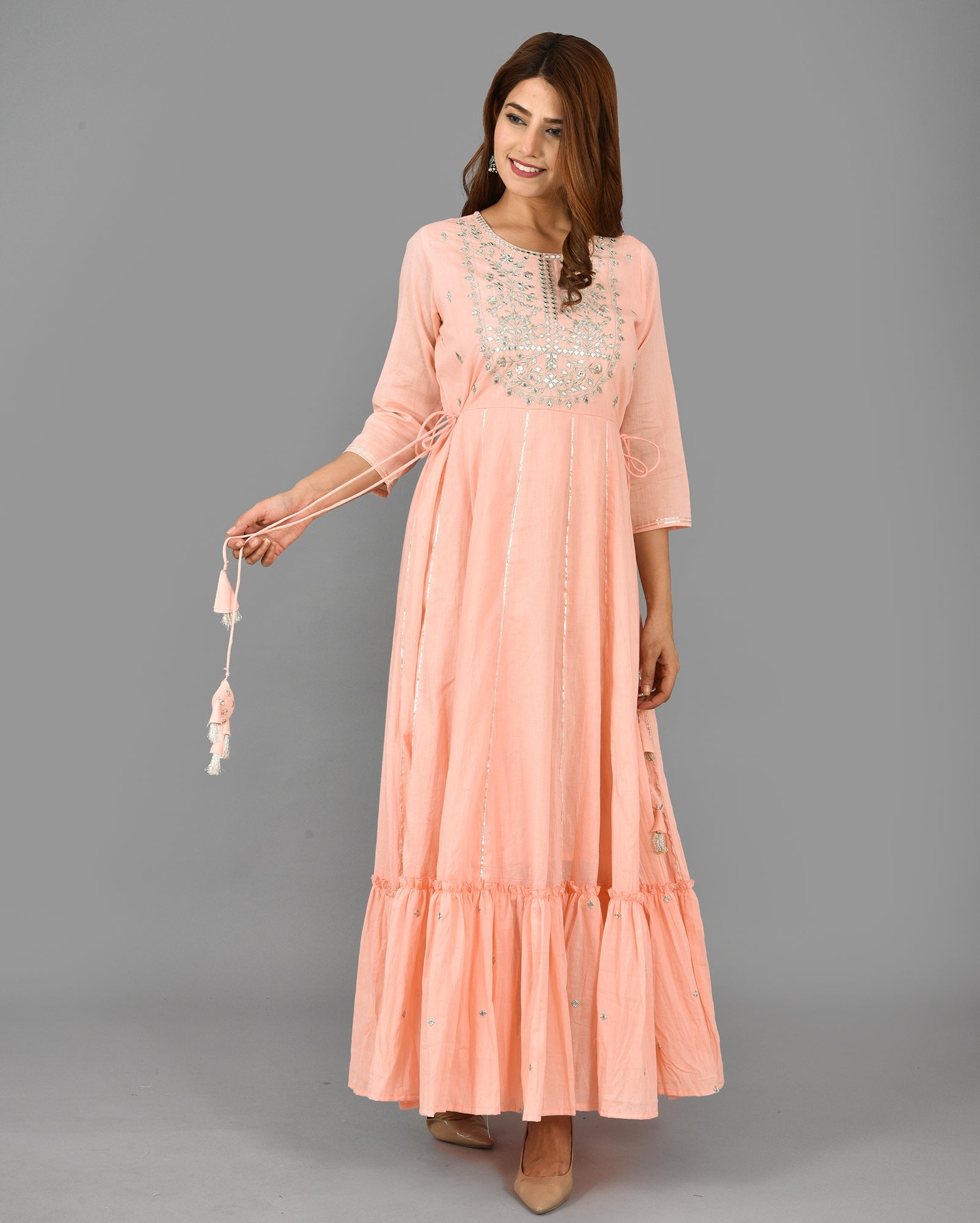 Kaajh Women's Pink Mirror Embroidery Anarkali Kurta