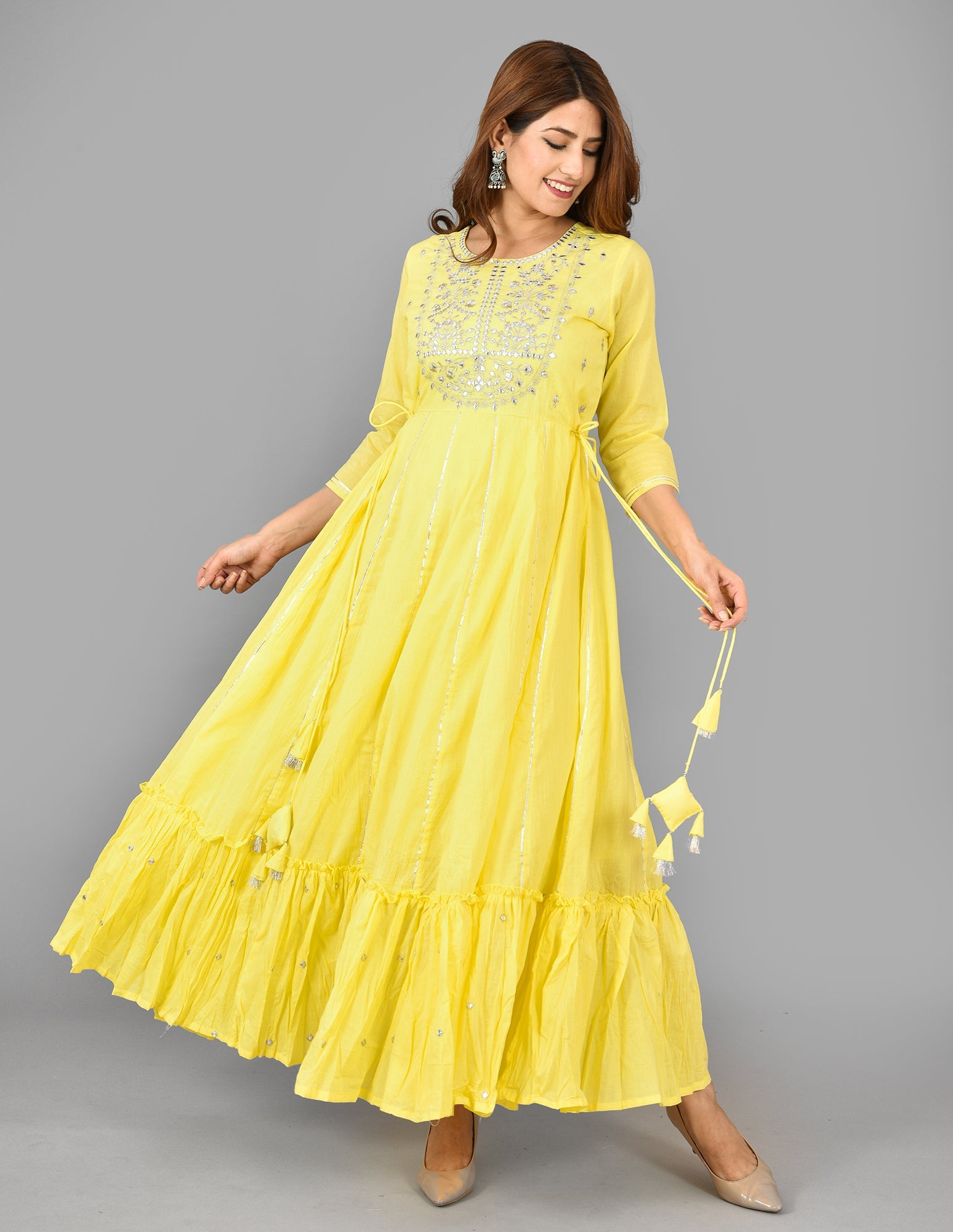 Kaajh Women's Yellow Mirror Embroidery Anarkali Kurta