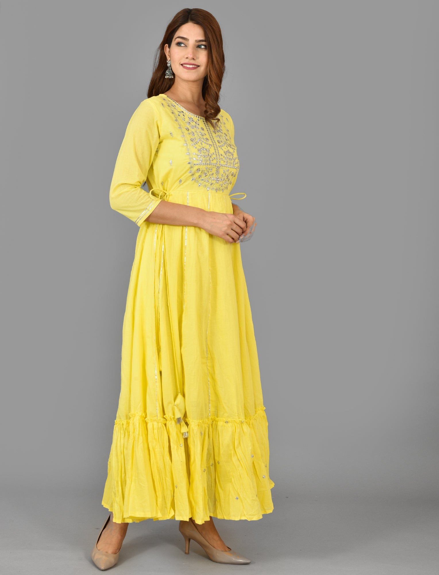 Kaajh Women's Yellow Mirror Embroidery Anarkali Kurta