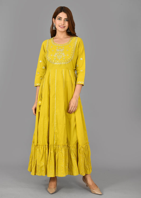 Kaajh Women's Yellow Zari Embroidery Anarkali Kurta