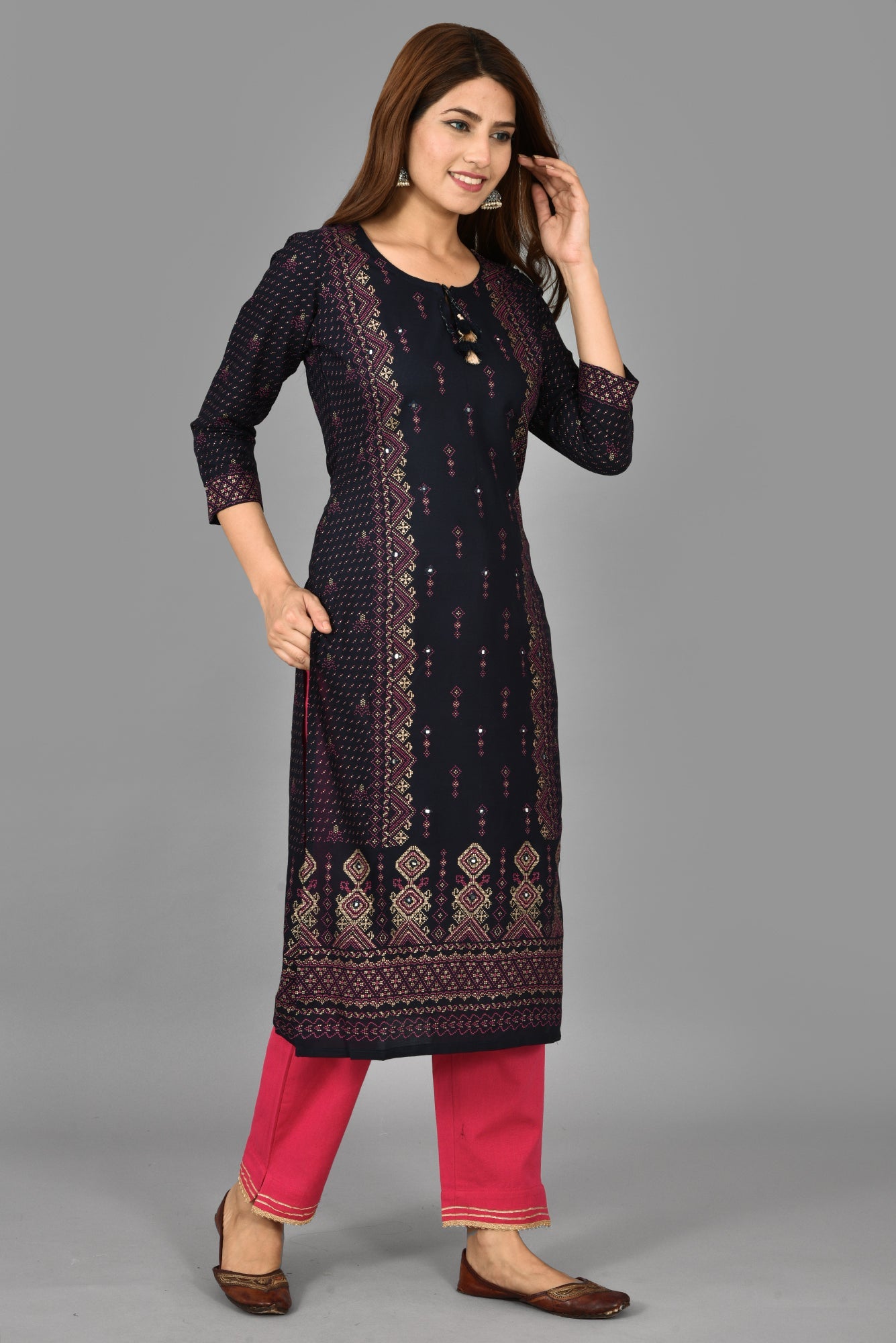 Kaajh Women's Blue Printed Rayon Stitched Kurta Pant Set