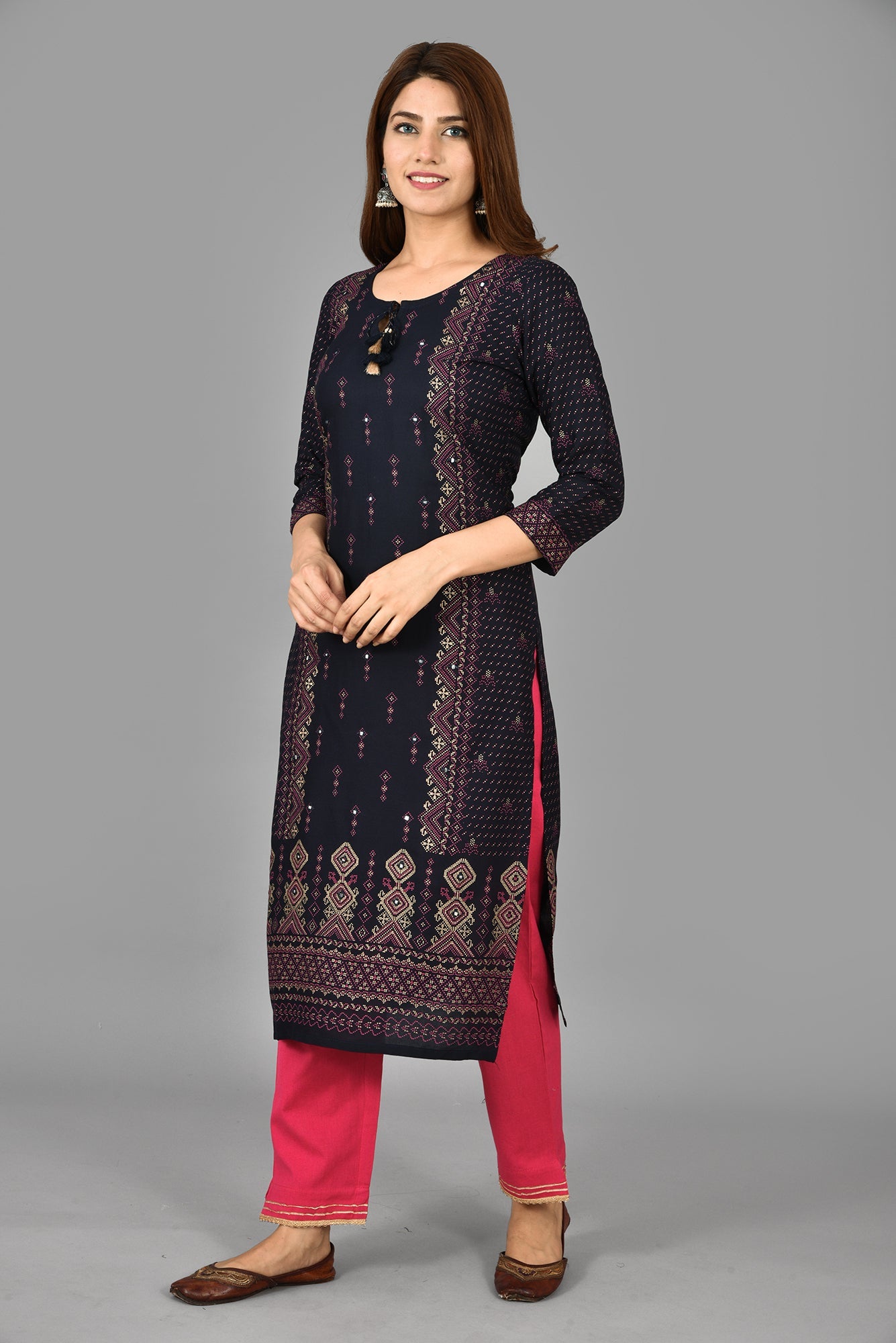 Kaajh Women's Blue Printed Rayon Stitched Kurta Pant Set