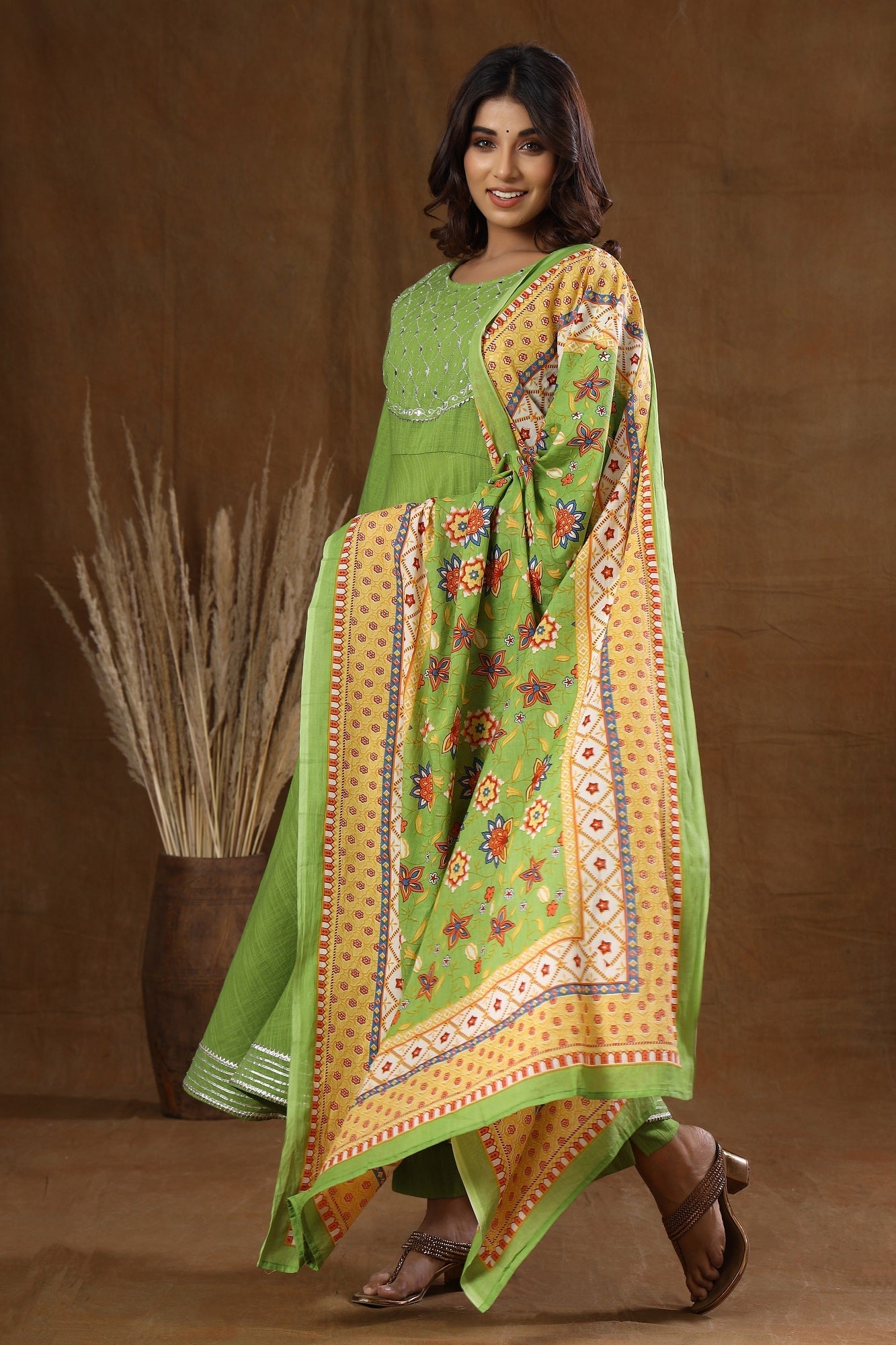 Kaajh Women's Green Mirror Embroidery Anarkali Suit Set