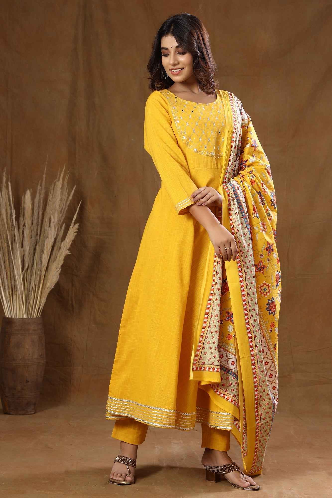 Kaajh Women's Yellow Mirror Embroidery Anarkali Suit Set
