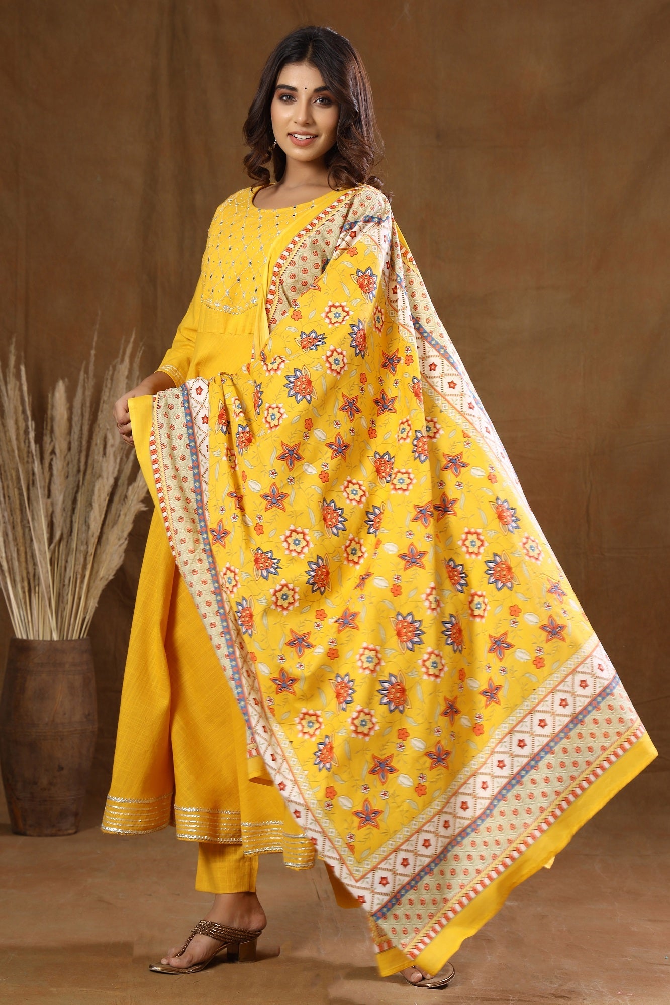 Kaajh Women's Yellow Mirror Embroidery Anarkali Suit Set