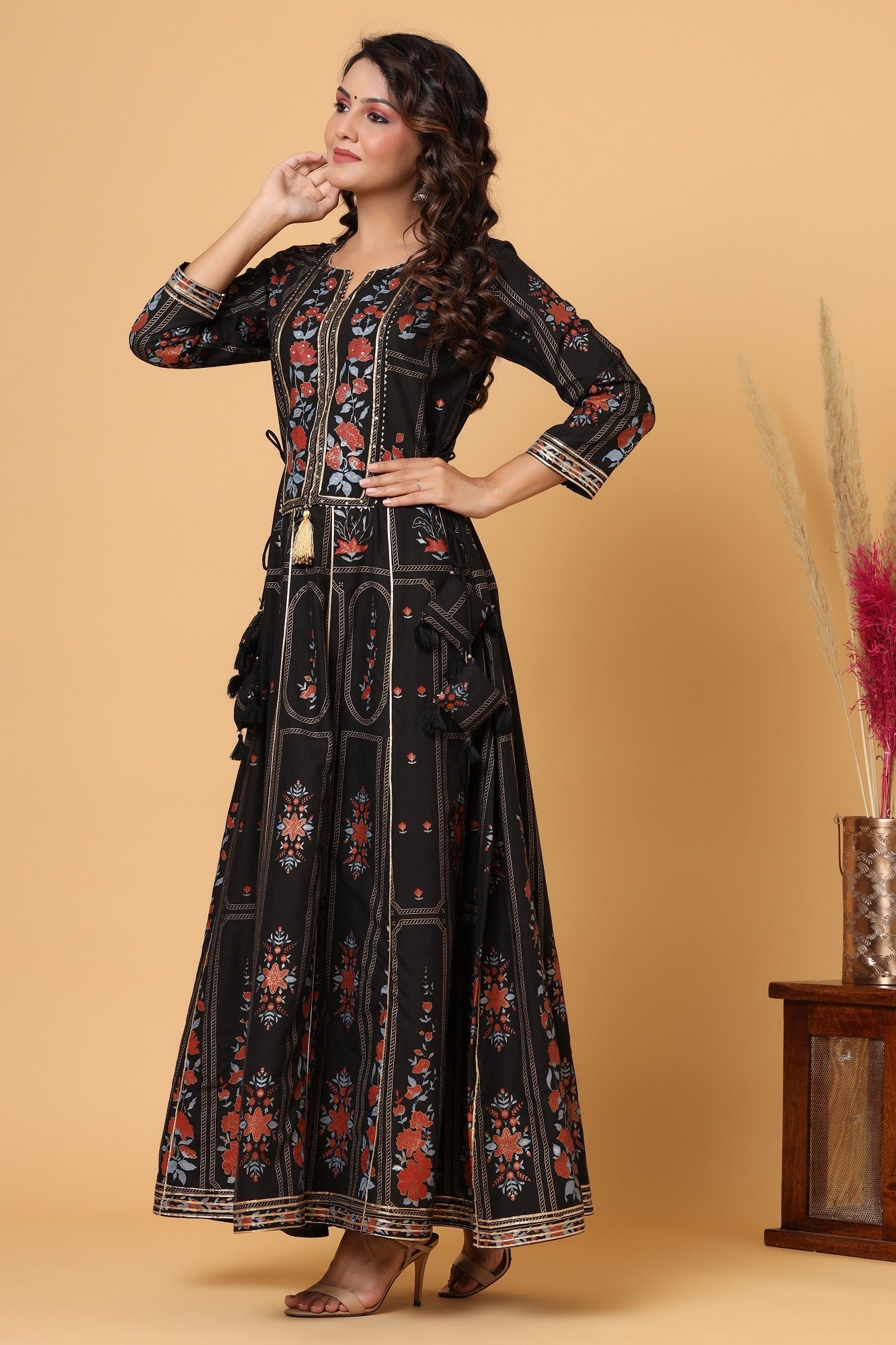 Kaajh Women's Black Embellishment Printed Anarkali Kurta