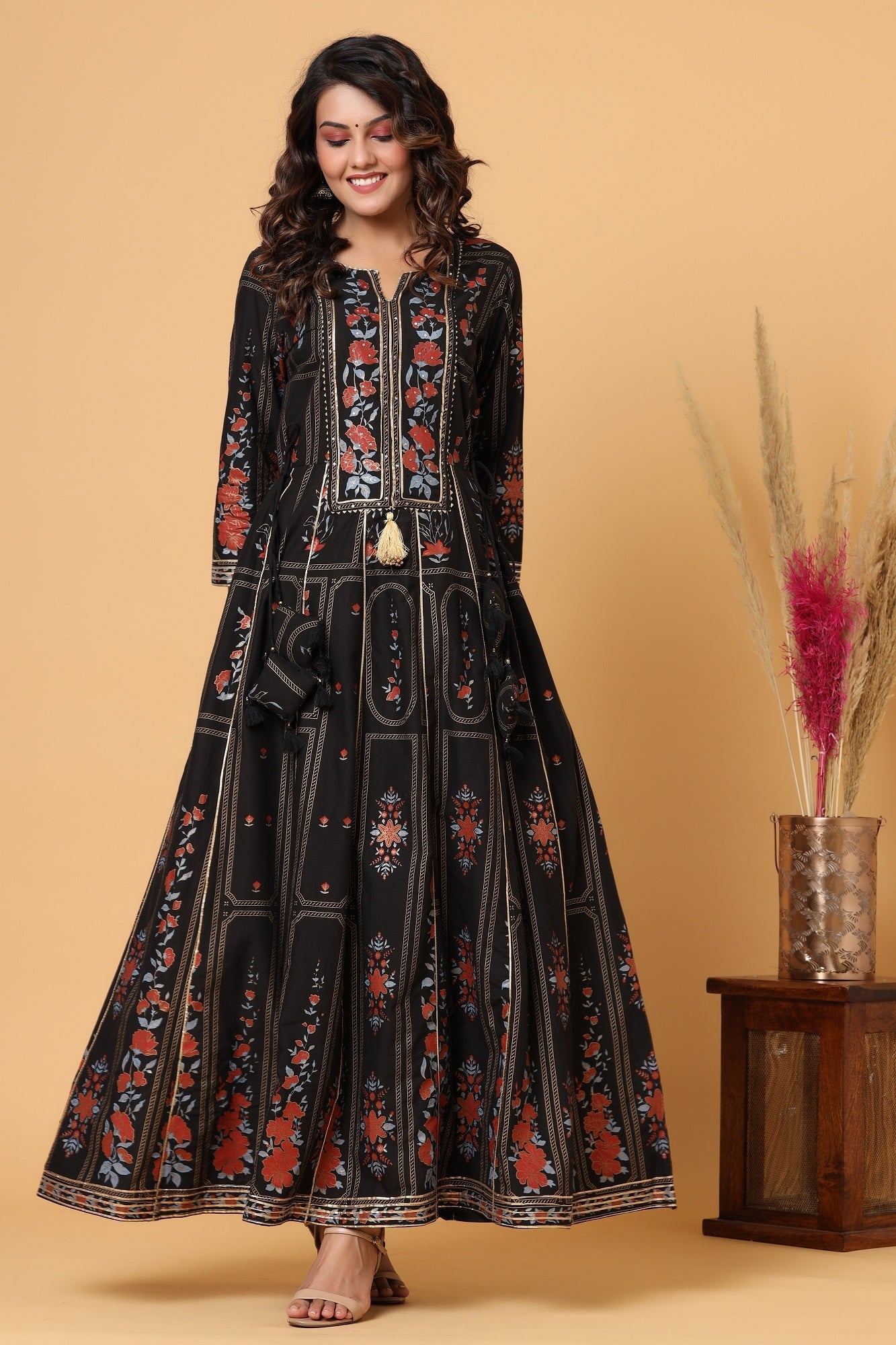 Kaajh Women's Black Embellishment Printed Anarkali Kurta