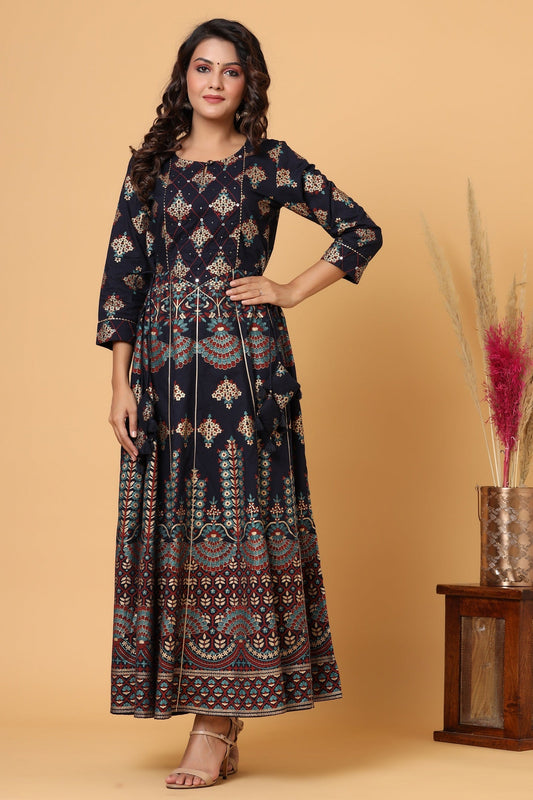 Kaajh Blue Gold Printed Embellishment Anarkali Kurta For Women