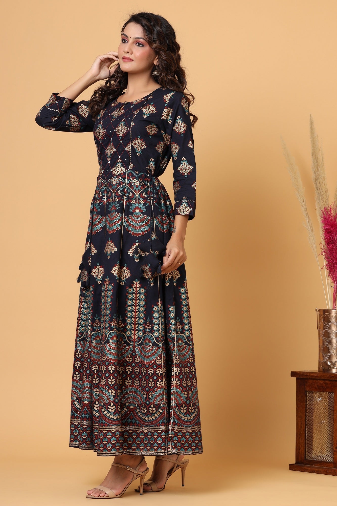 Kaajh Blue Gold Printed Embellishment Anarkali Kurta For Women