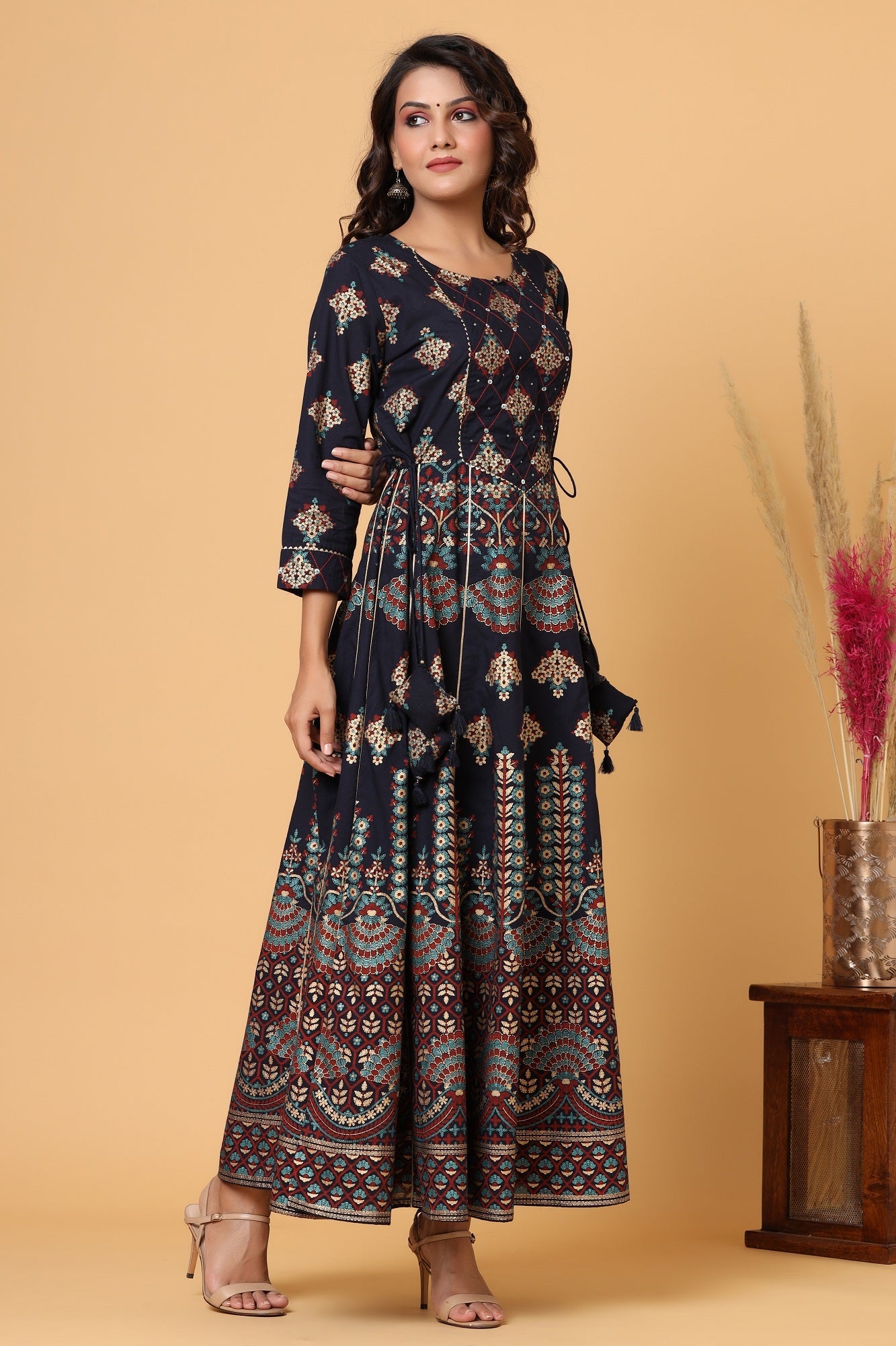 Kaajh Blue Gold Printed Embellishment Anarkali Kurta For Women
