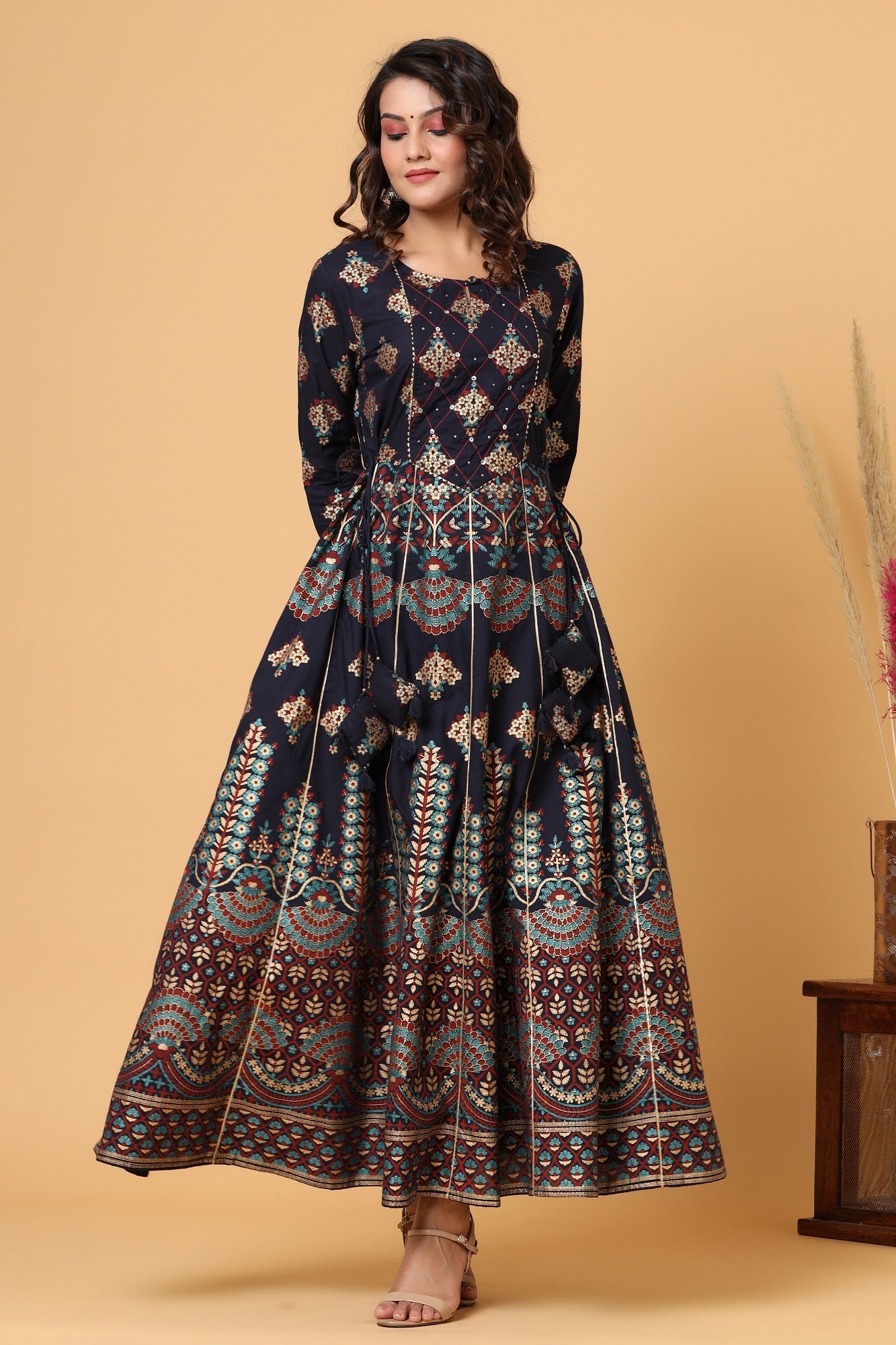 Kaajh Blue Gold Printed Embellishment Anarkali Kurta For Women