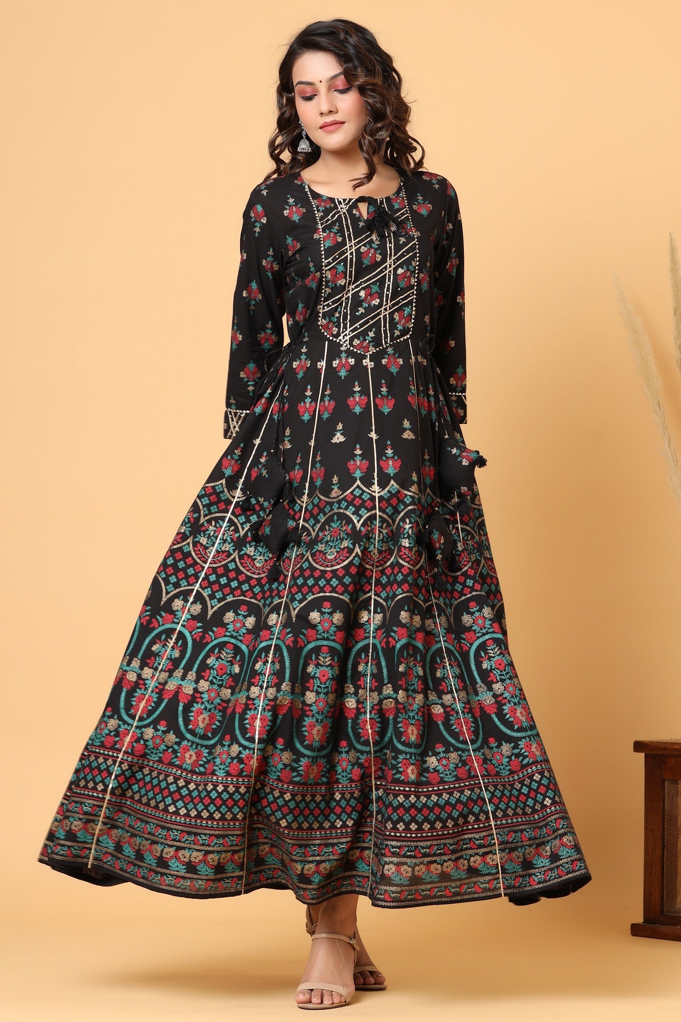 Kaajh Women's Black Gold Printed Embellishment Anarkali Kurta