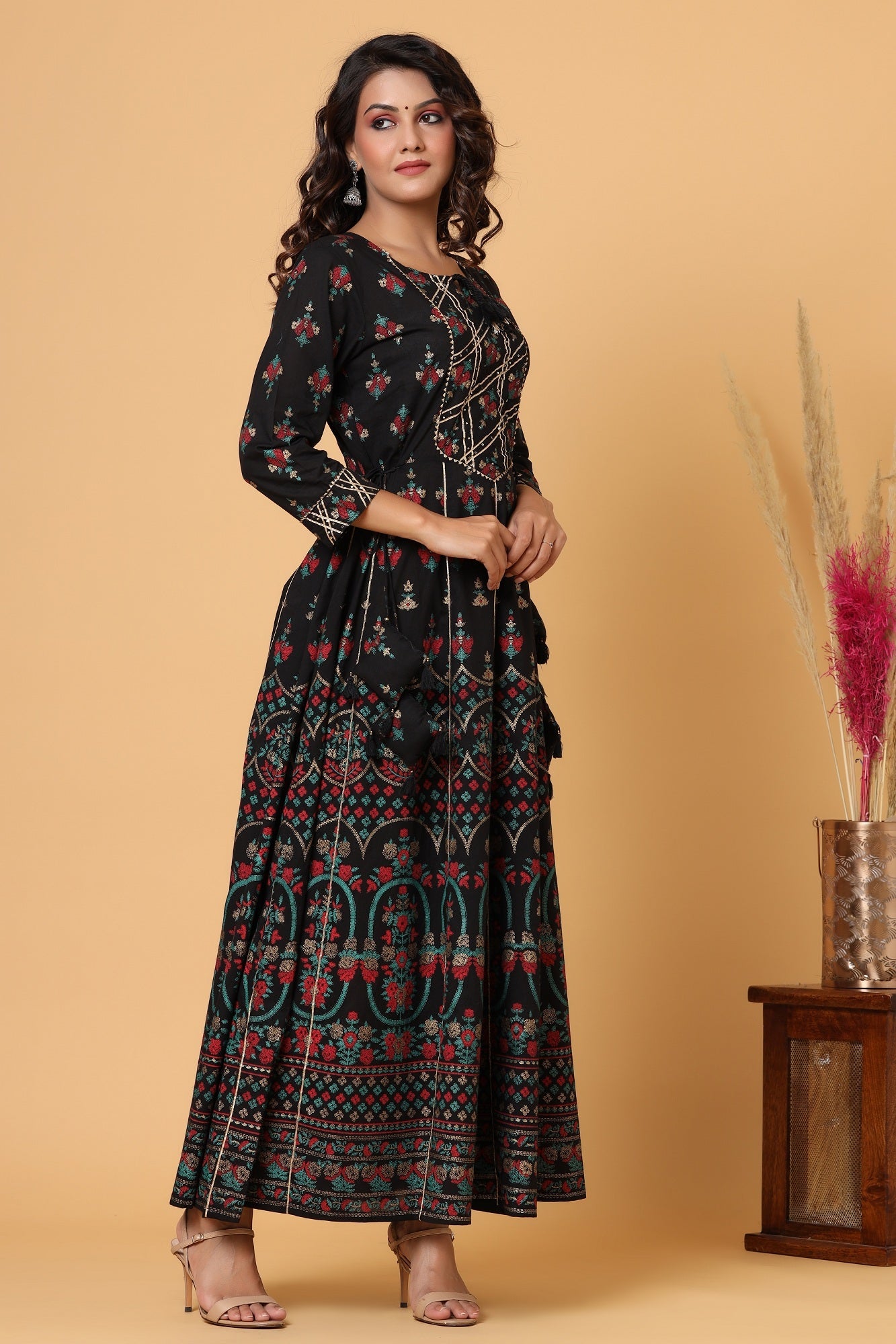 Kaajh Women's Black Gold Printed Embellishment Anarkali Kurta
