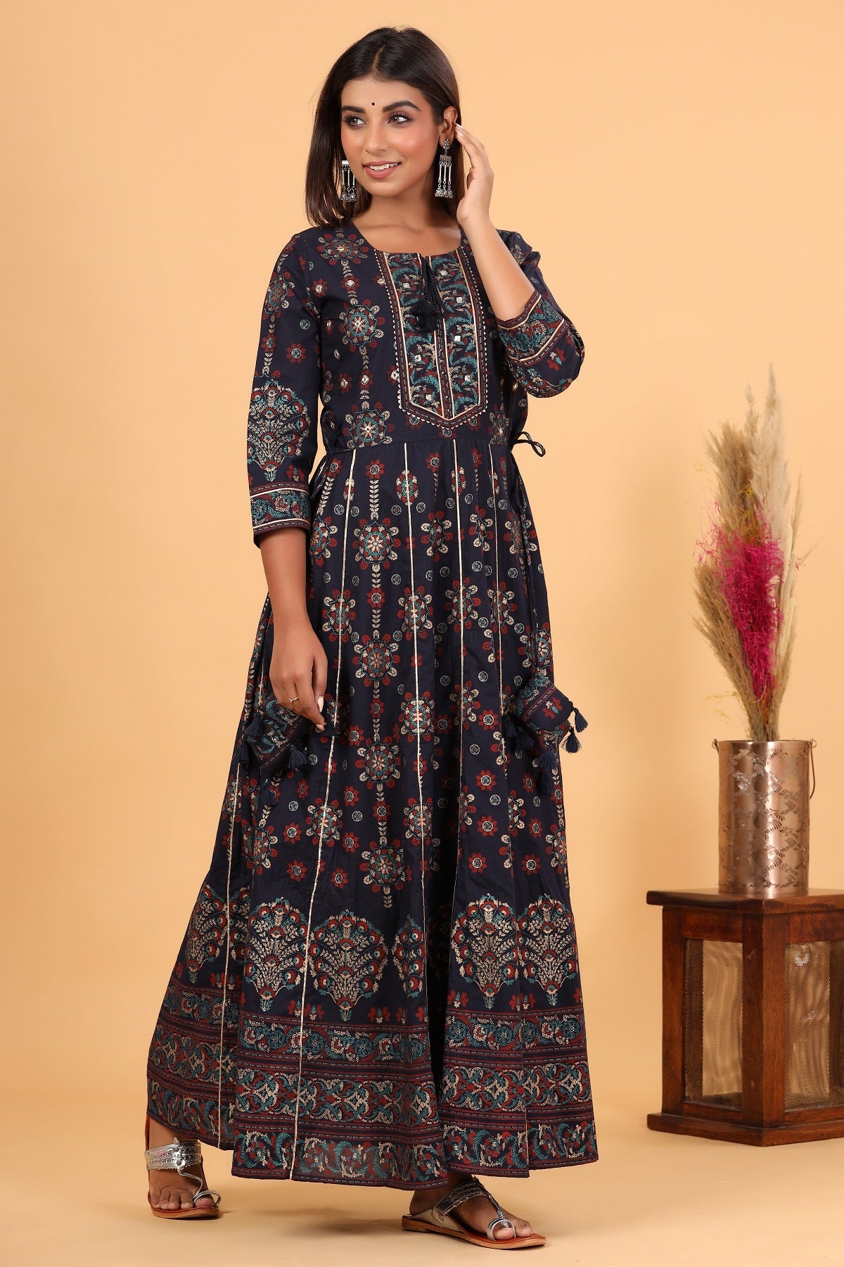 Kaajh Women's Blue Gold Printed Embellishment Anarkali Kurta