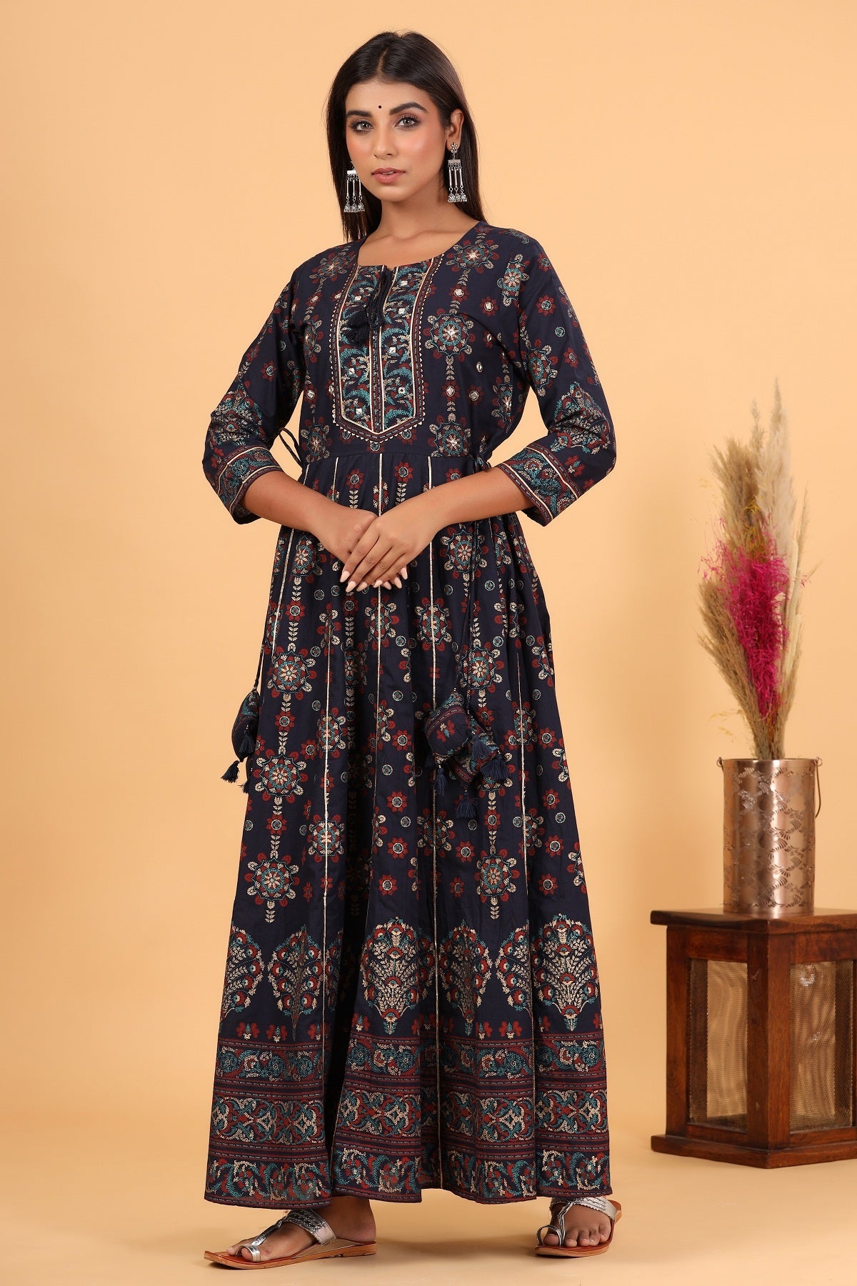 Kaajh Women's Blue Gold Printed Embellishment Anarkali Kurta