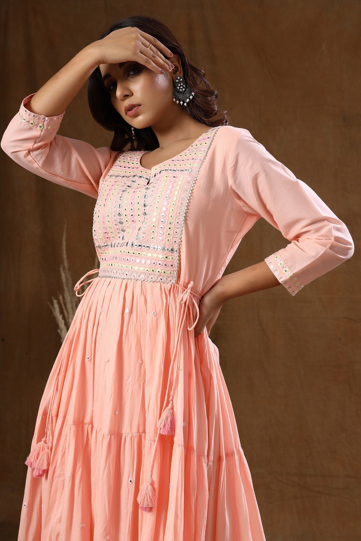 Kaajh Women's Peach Mirror Embellishment Anarkali Kurta