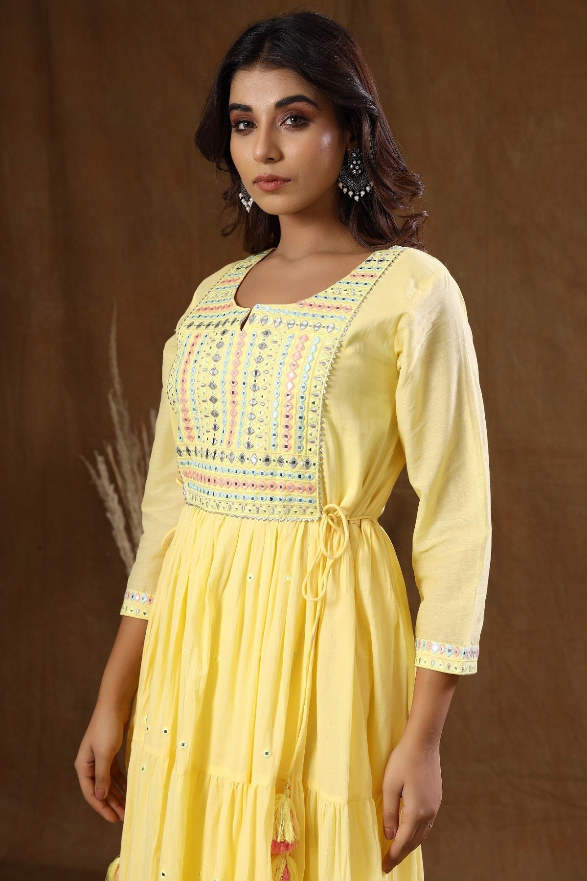 Kaajh Women's Yellow Mirror Embellishment Anarkali Kurta