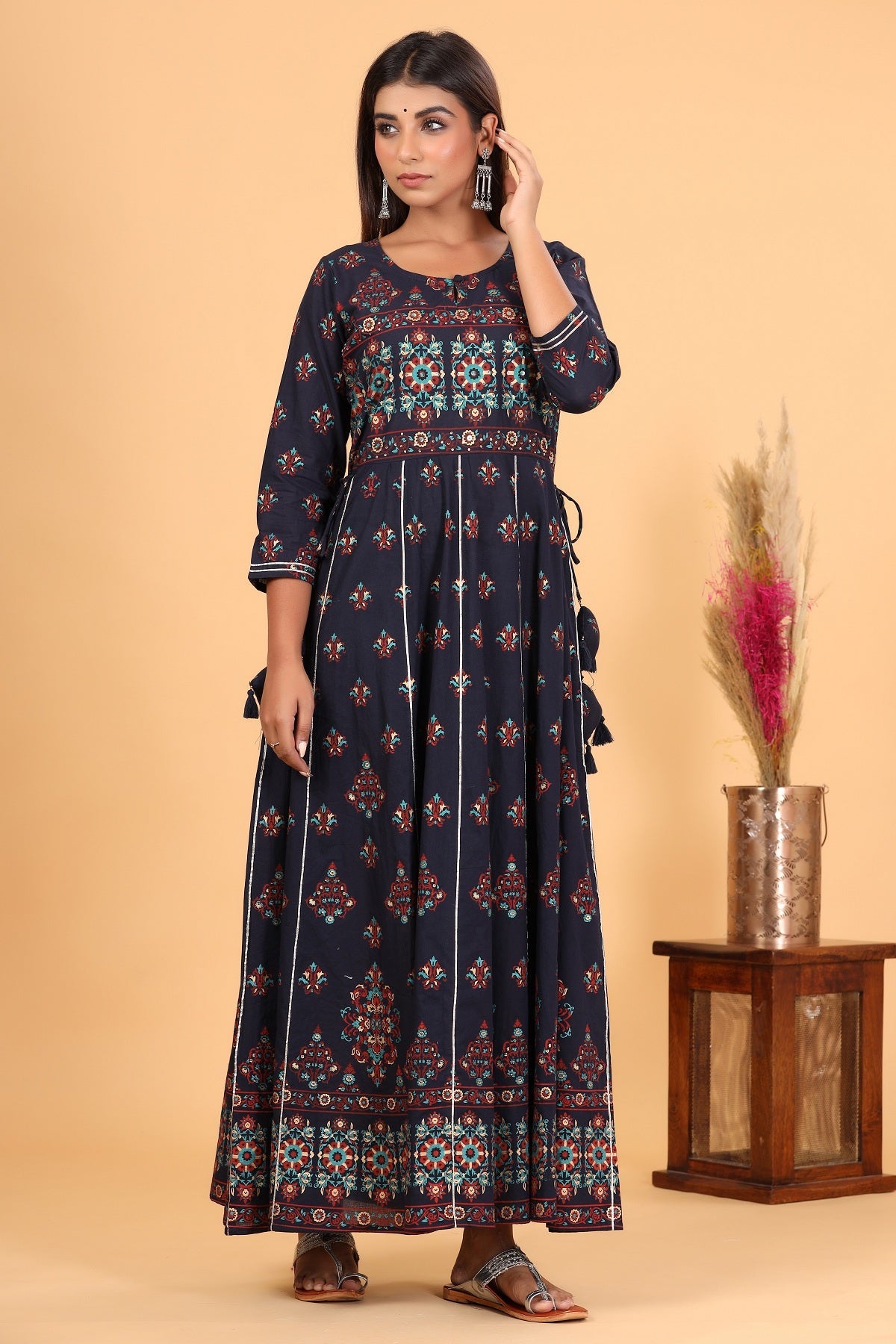 Kaajh Women's Blue Gold Print Embellishment Anarkali Kurta