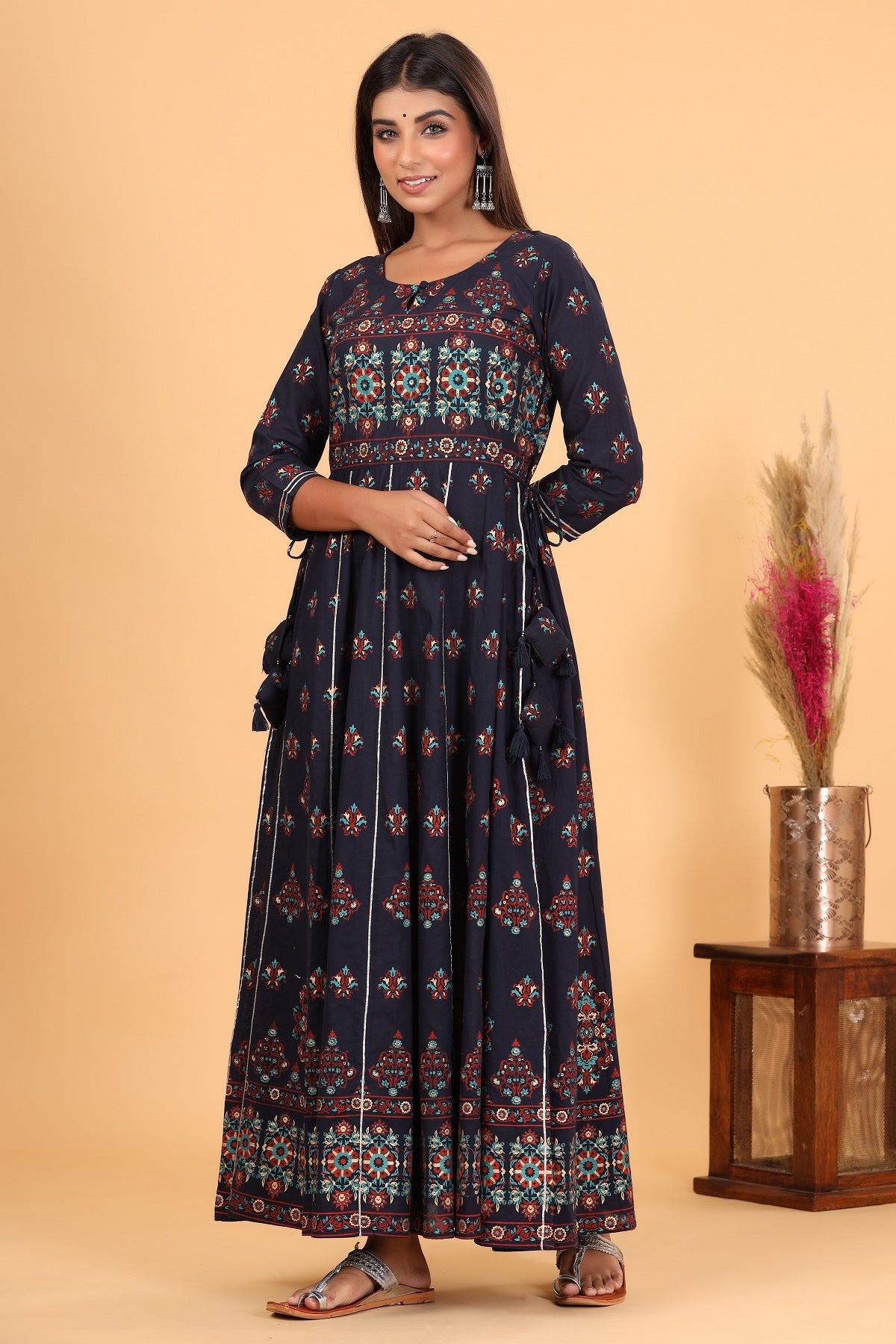Kaajh Women's Blue Gold Print Embellishment Anarkali Kurta