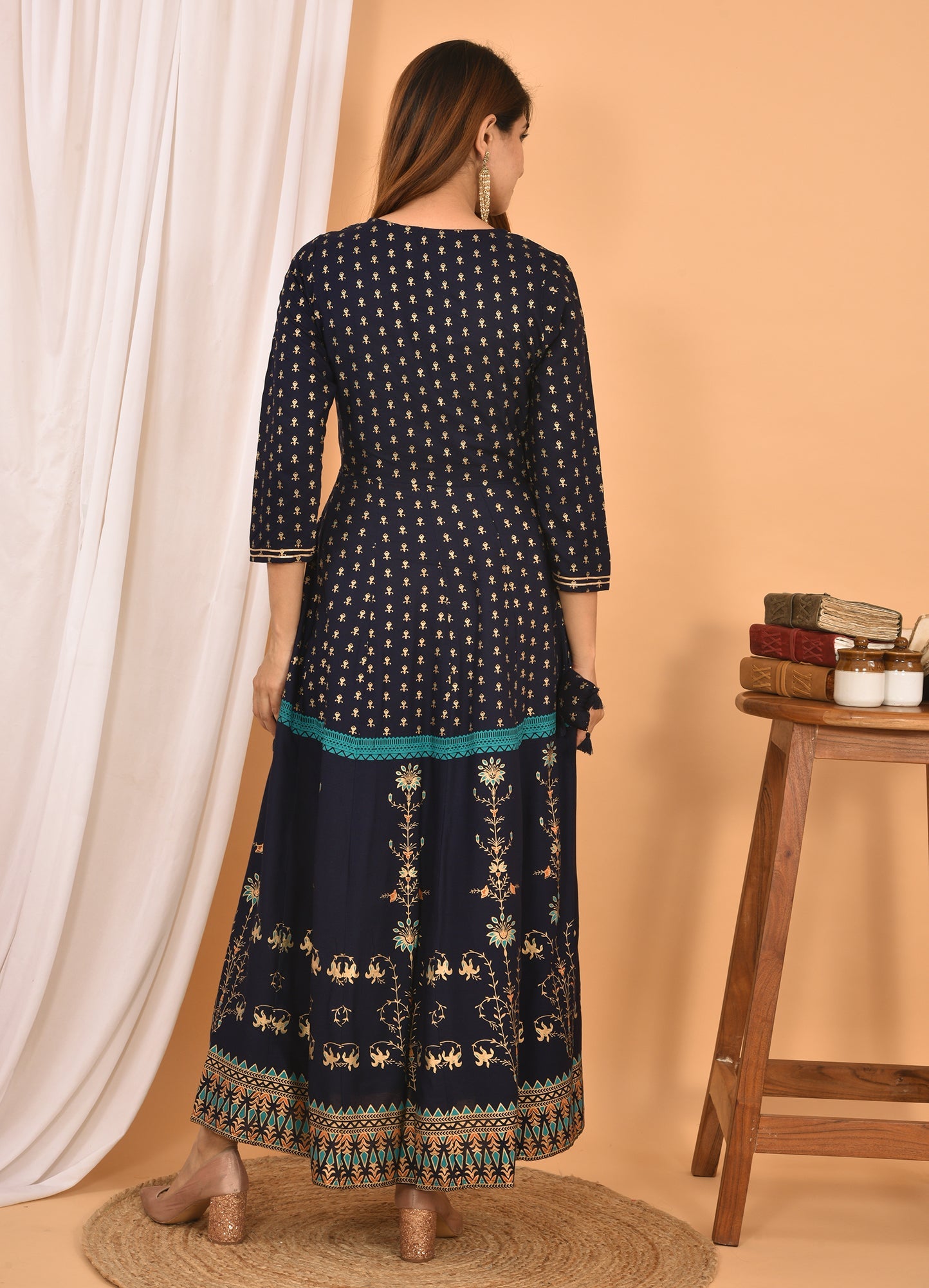 Kaajh Women's Blue Green Gold Print Embellishment Anarkali Kurta
