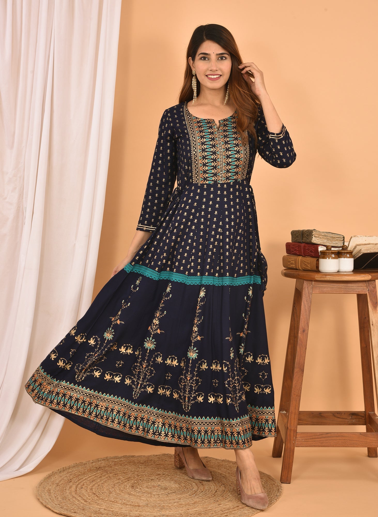 Kaajh Women's Blue Green Gold Print Embellishment Anarkali Kurta