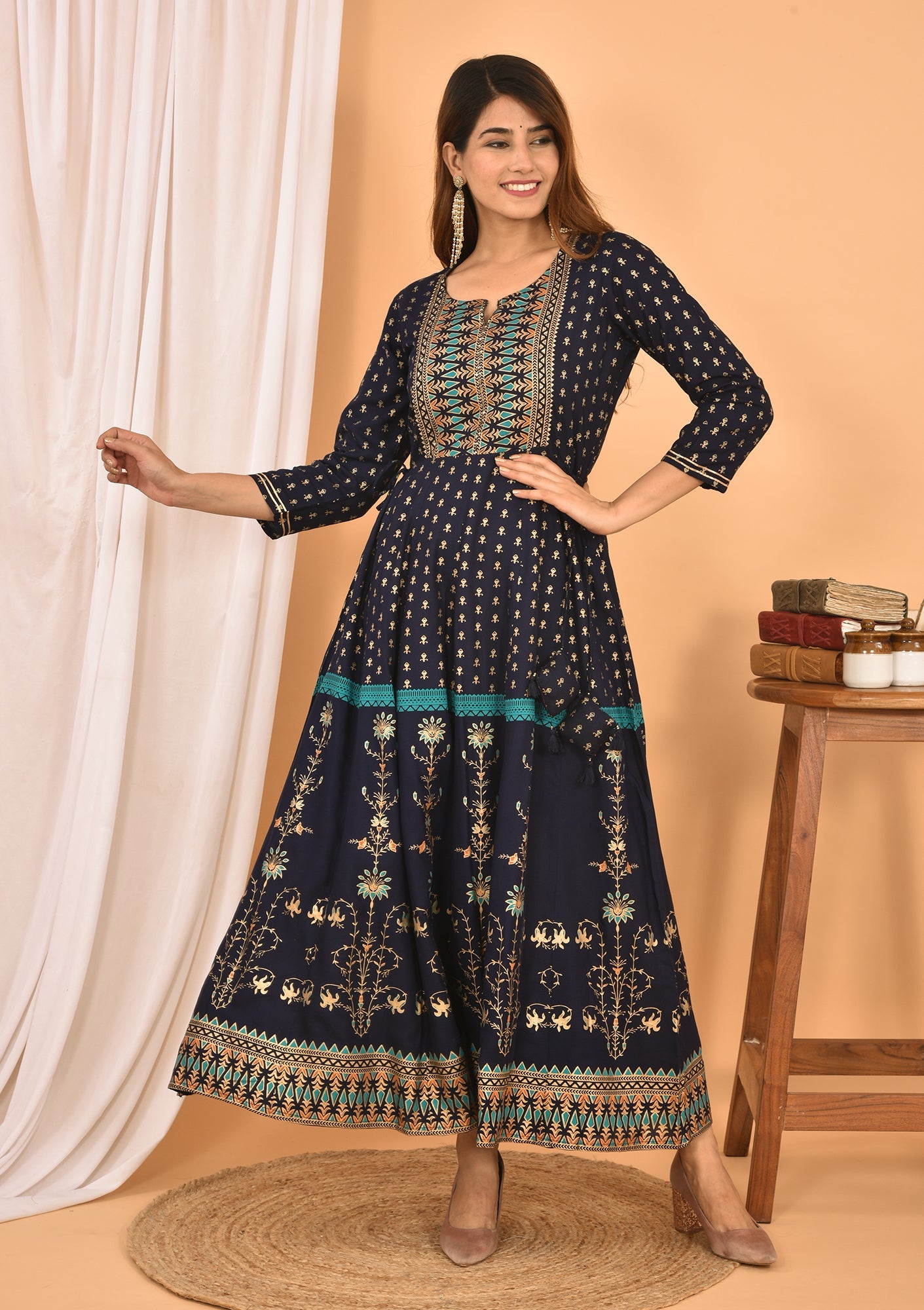 Kaajh Women's Blue Green Gold Print Embellishment Anarkali Kurta
