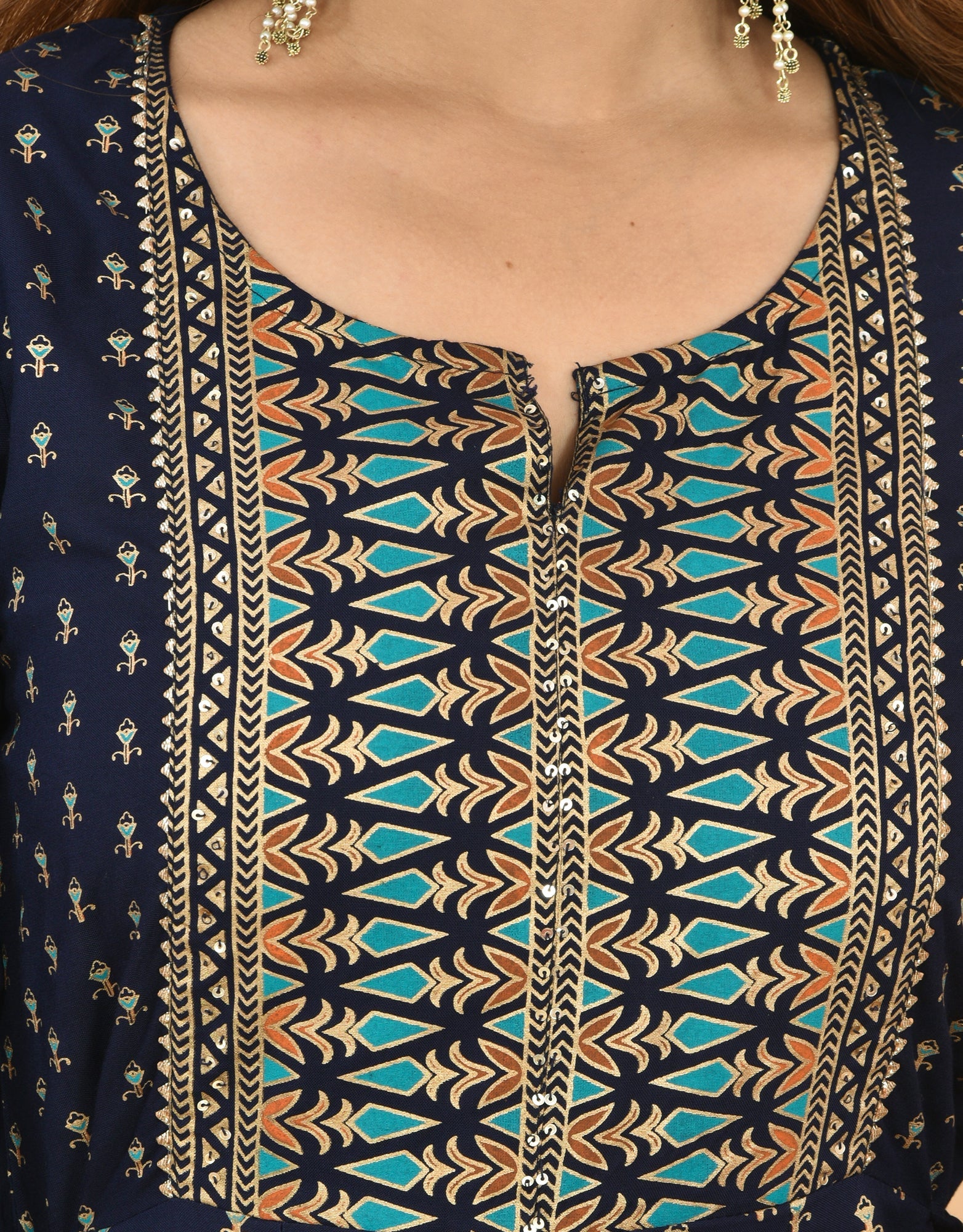 Kaajh Women's Blue Green Gold Print Embellishment Anarkali Kurta