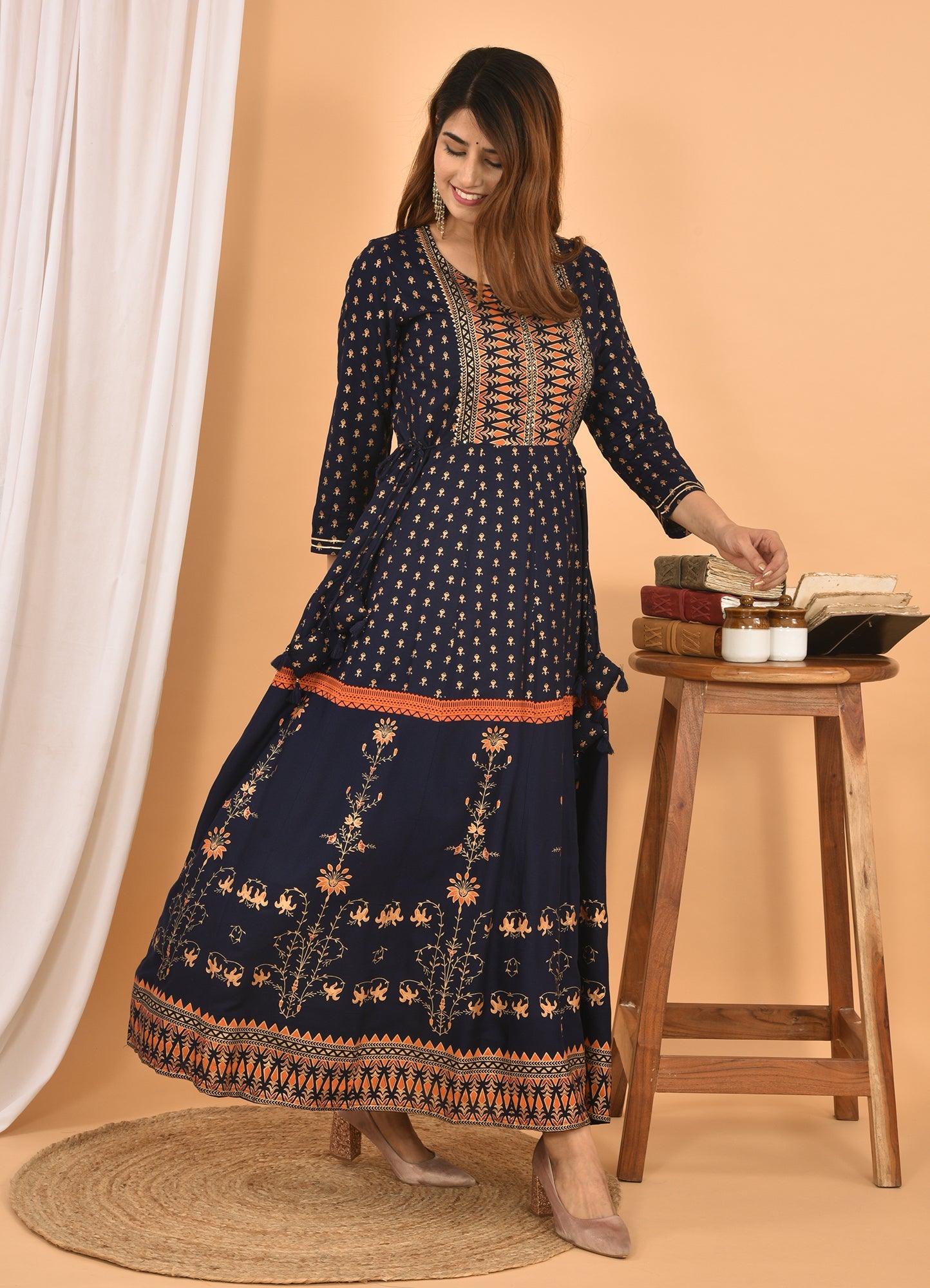 Kaajh Women's Blue Orange Gold Print Embellishment Anarkali Kurta