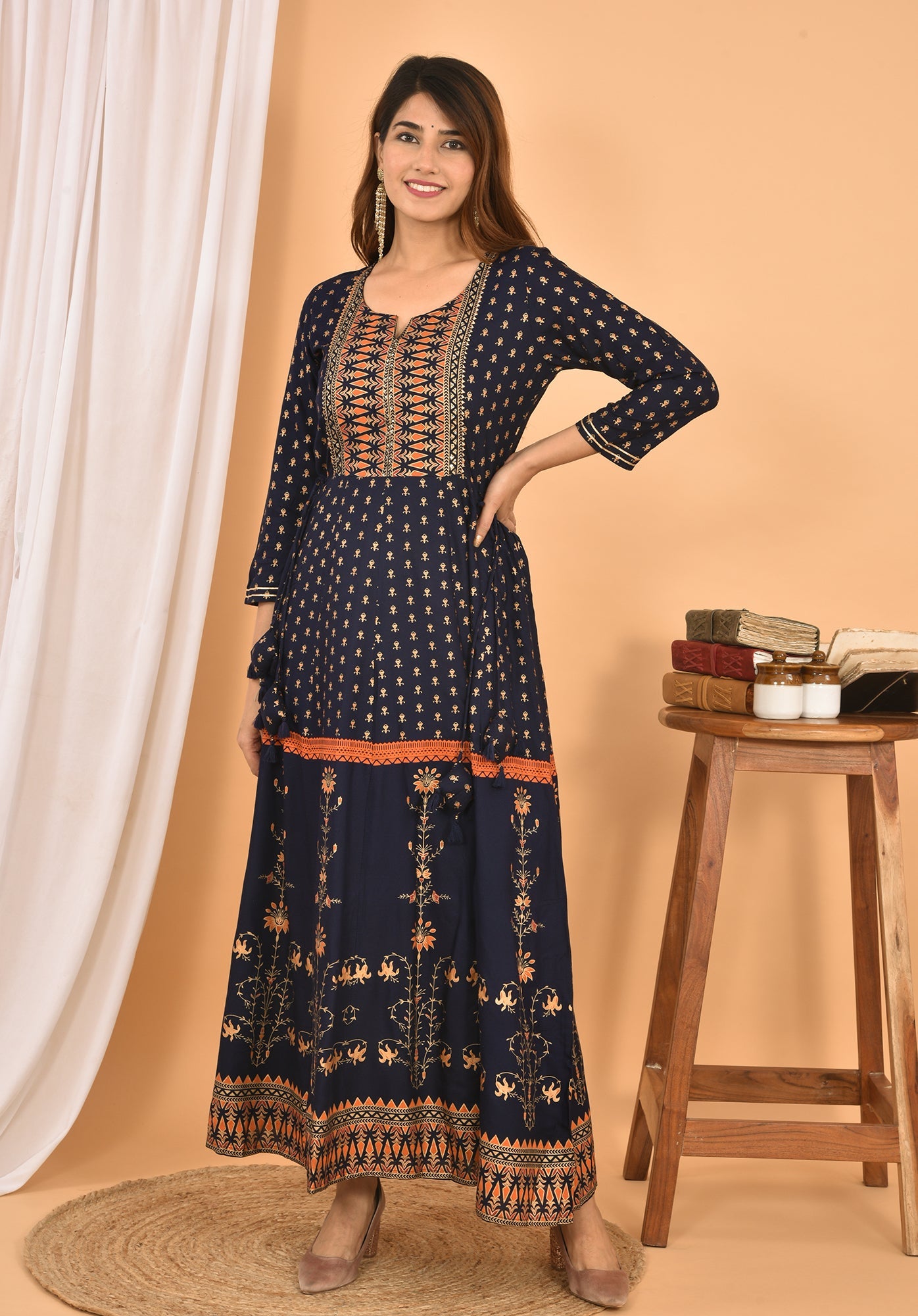 Kaajh Women's Blue Orange Gold Print Embellishment Anarkali Kurta