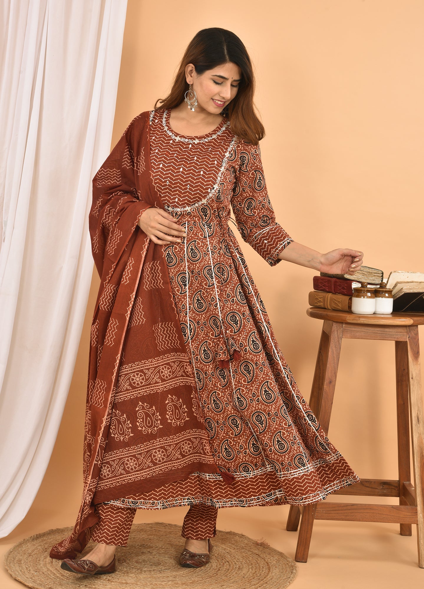Kaajh Women's Brown Embellished Anarkali Suit Set