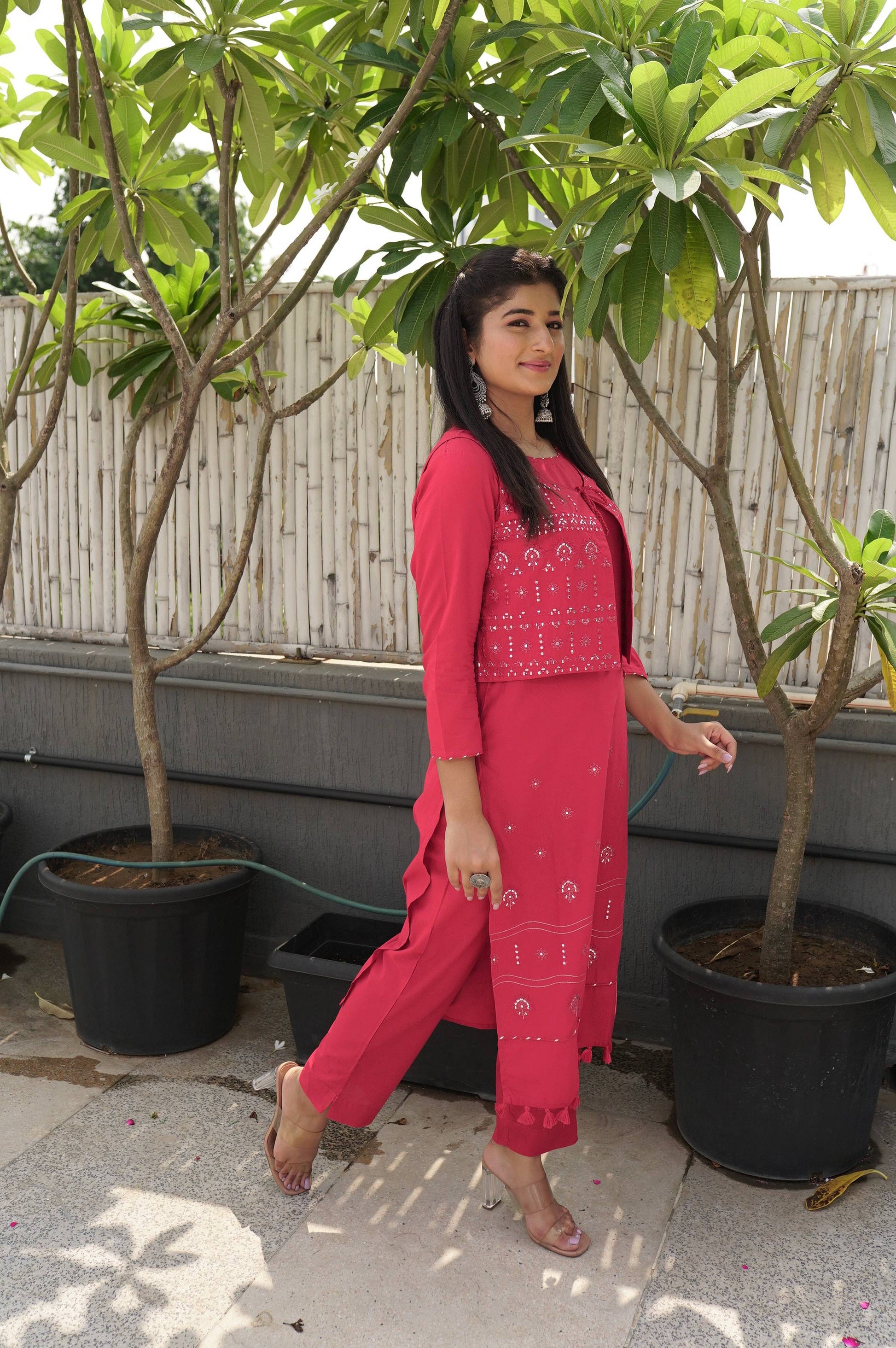 Kaajh Women's Red Printed Jacket Kurta Pant Set