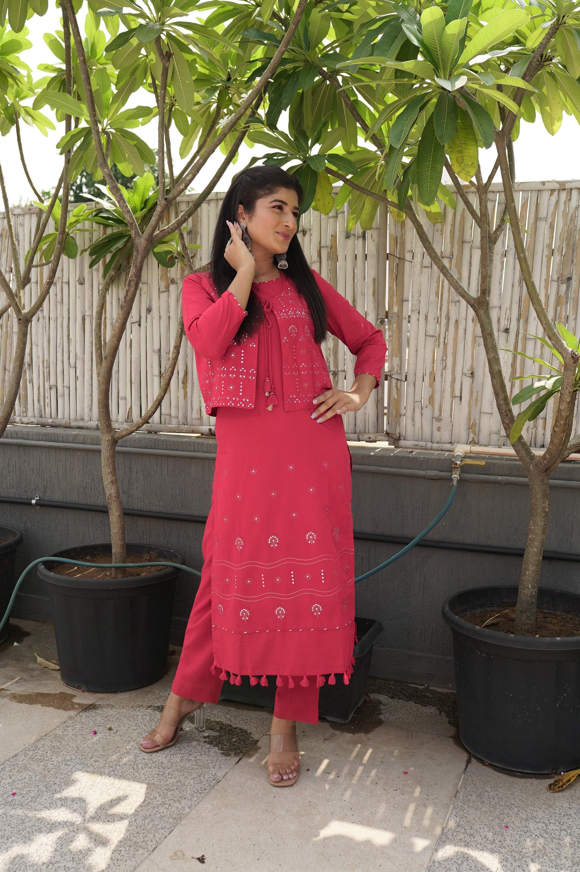 Kaajh Women's Red Printed Jacket Kurta Pant Set