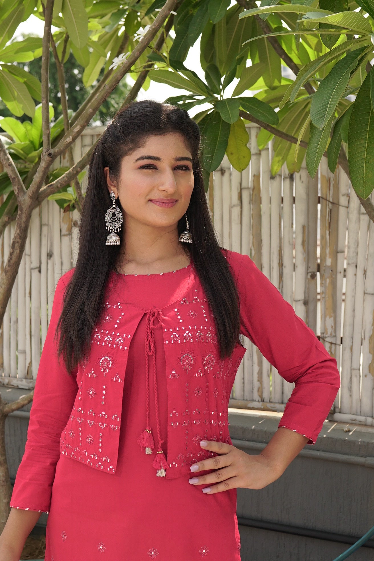Kaajh Women's Red Printed Jacket Kurta Pant Set