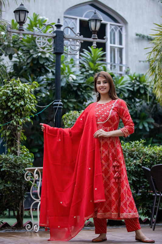 Kaajh Women's Red Embroidery Anarkali Suit Set