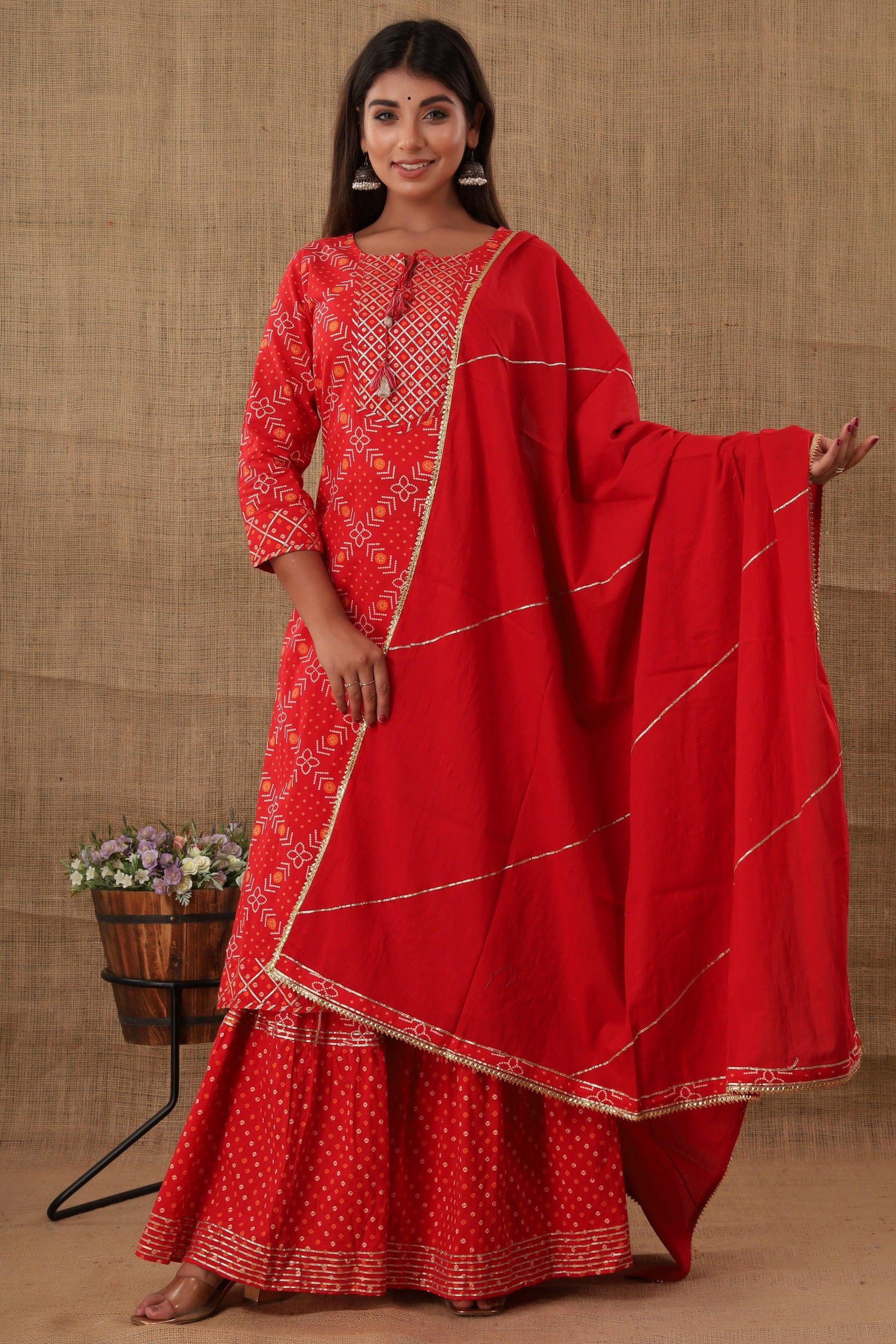 Kaajh Women's Red Bandhej Embellishment Suit Set