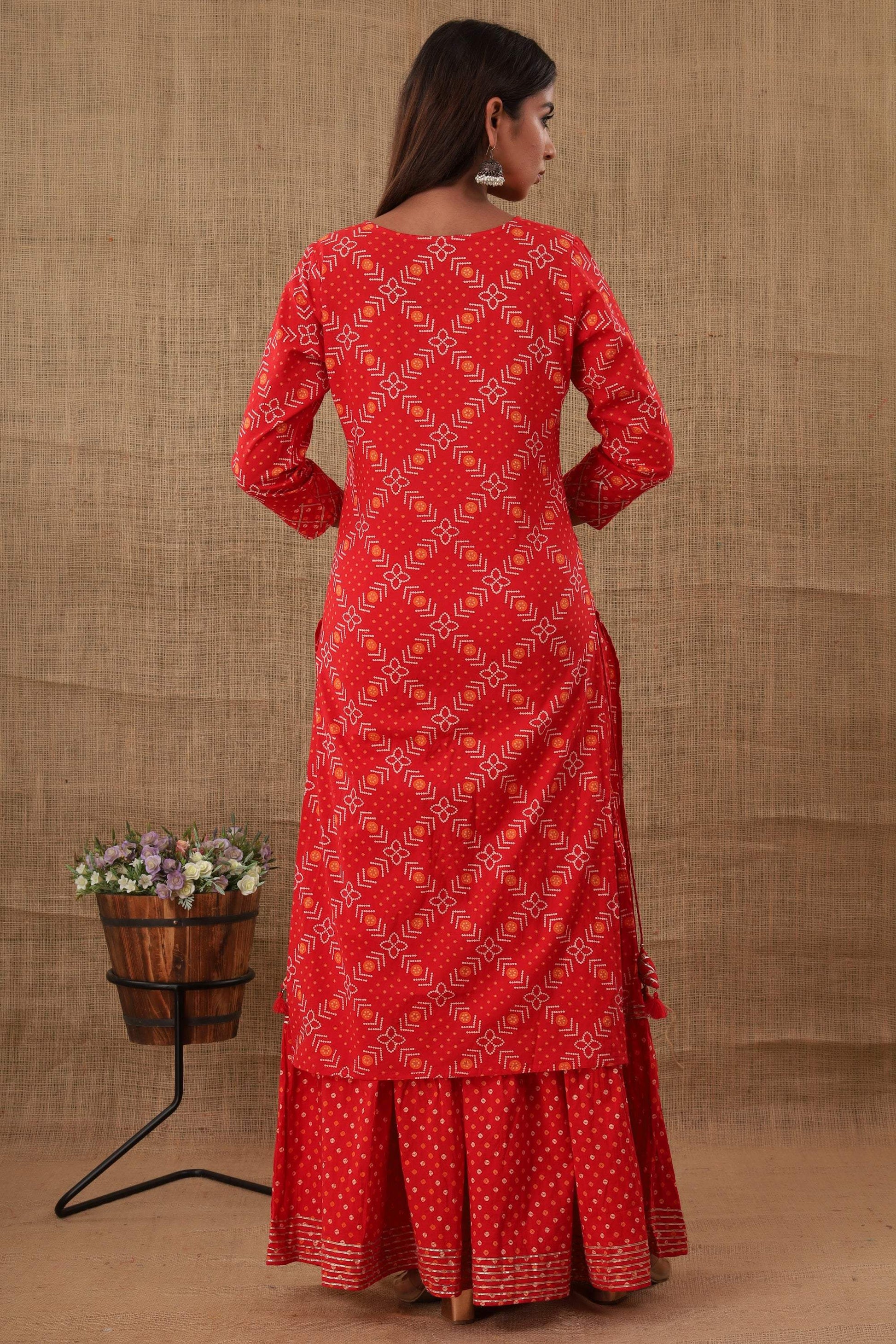 Kaajh Women's Red Bandhej Embellishment Suit Set