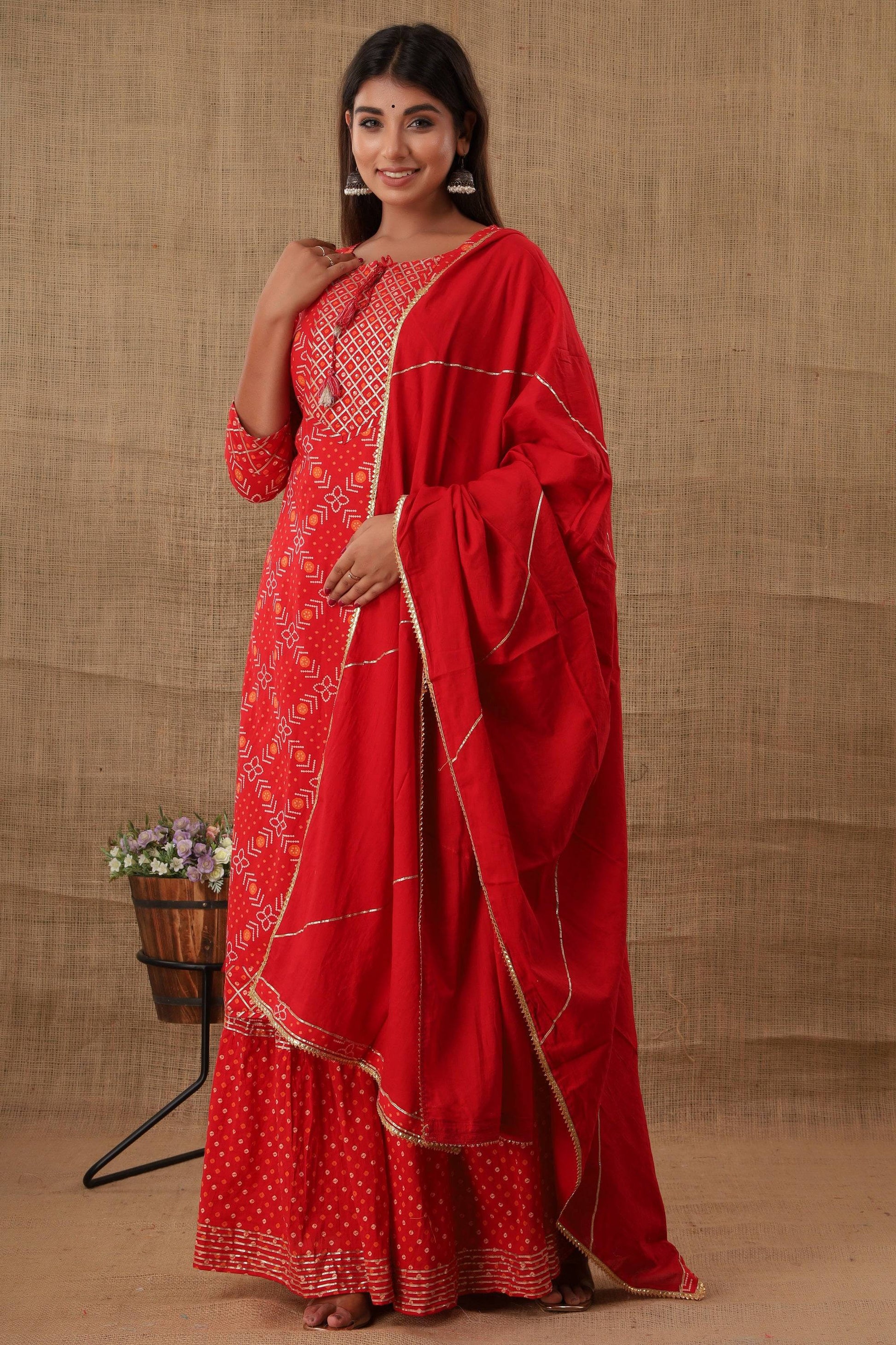 Kaajh Women's Red Bandhej Embellishment Suit Set