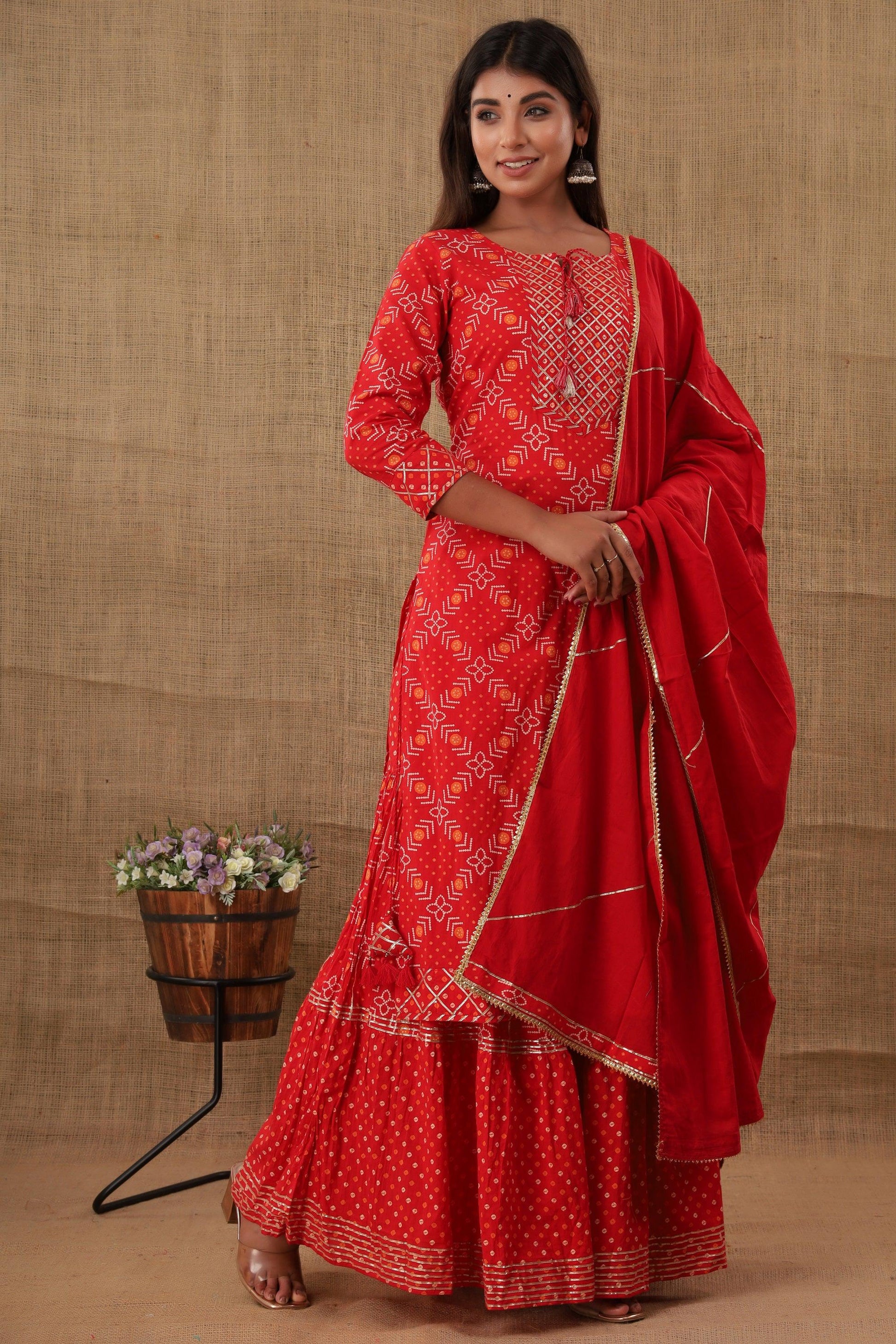 Kaajh Women's Red Bandhej Embellishment Suit Set