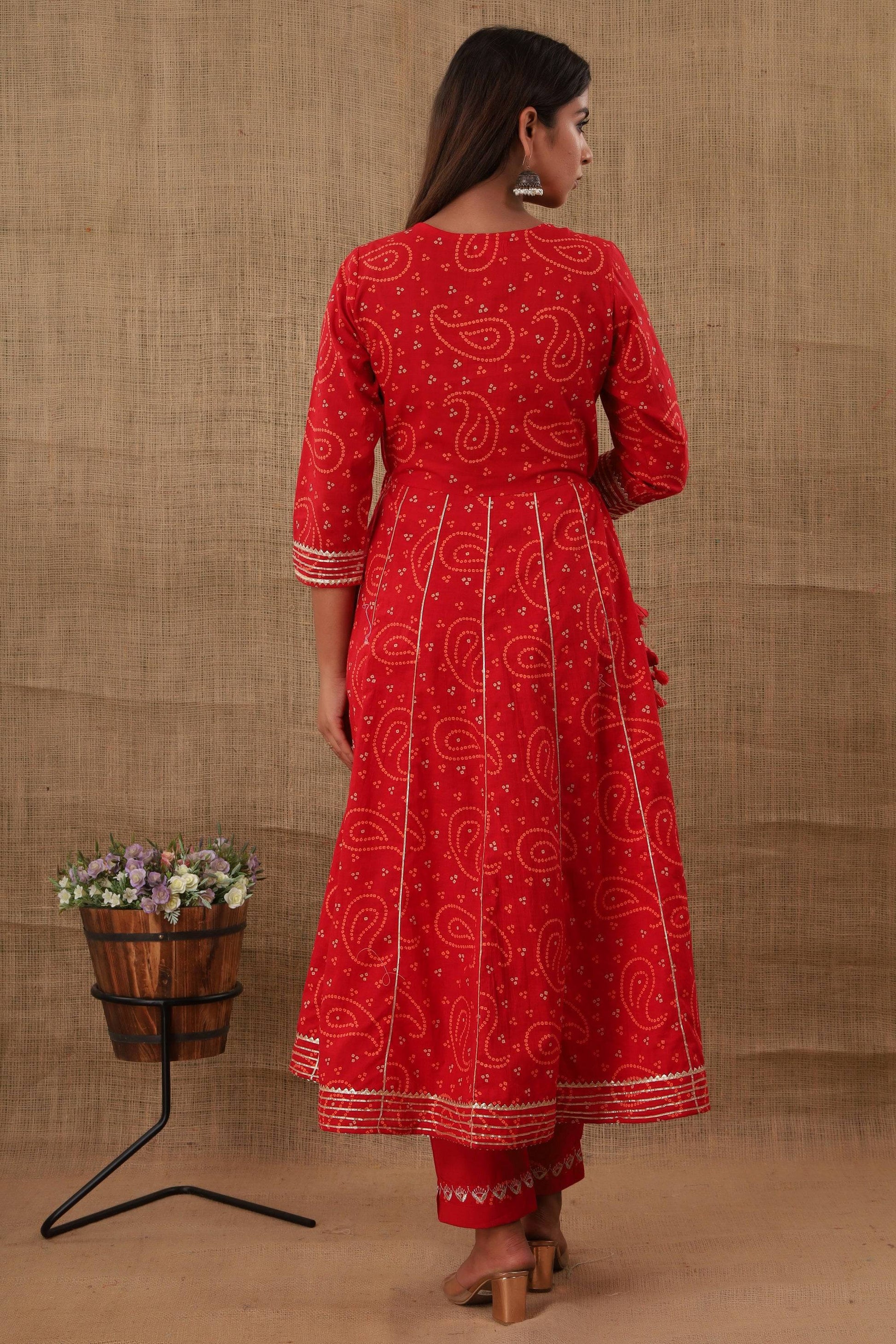 Kaajh Women's Red Bandhej Printed Anarkali Suit Set
