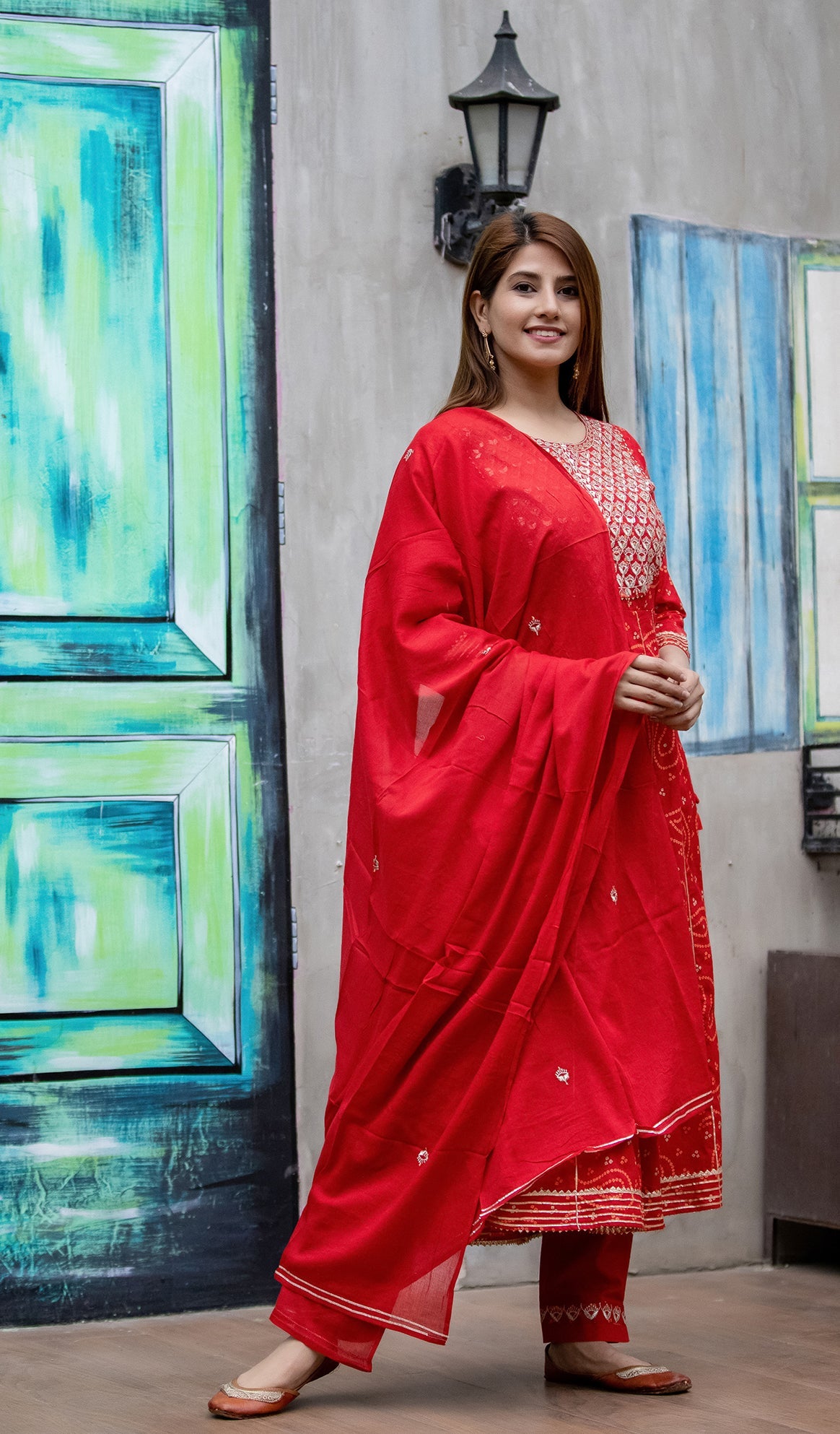 Kaajh Women's Red Bandhej Printed Anarkali Suit Set