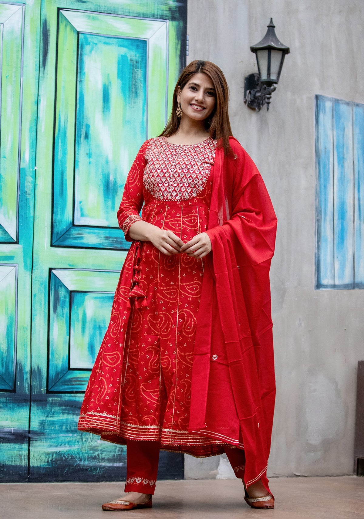 Kaajh Women's Red Bandhej Printed Anarkali Suit Set