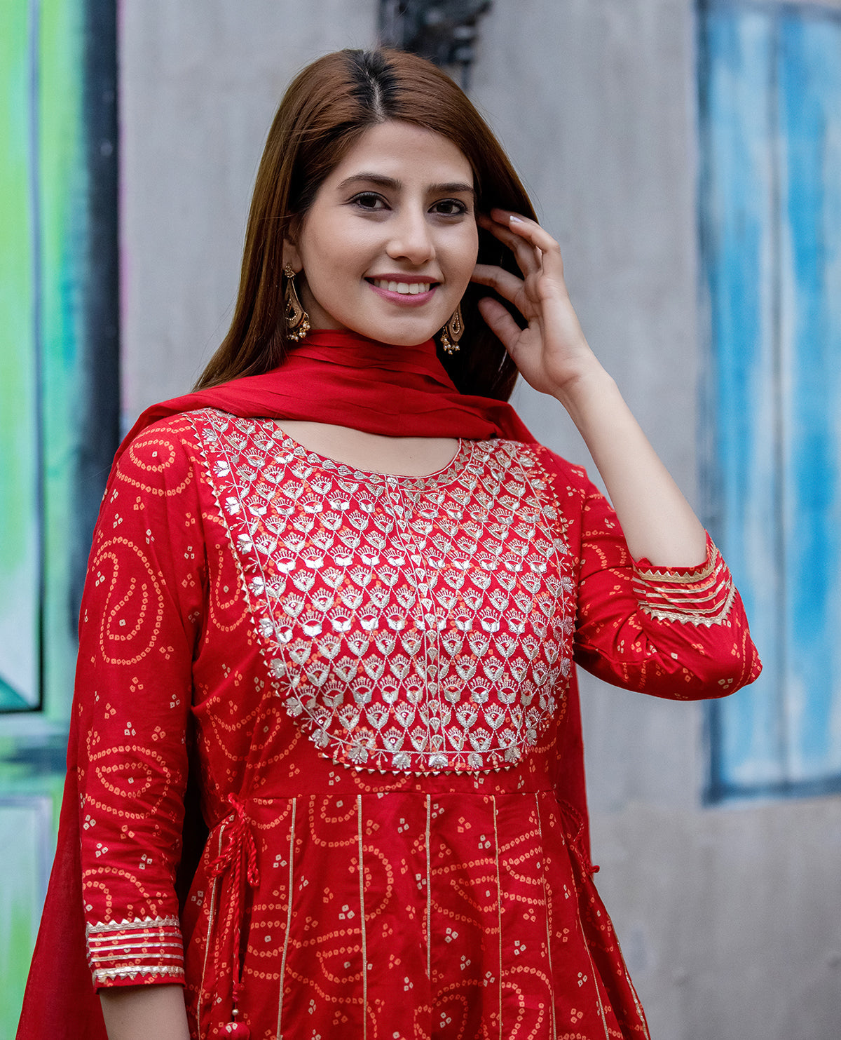 Kaajh Women's Red Bandhej Printed Anarkali Suit Set