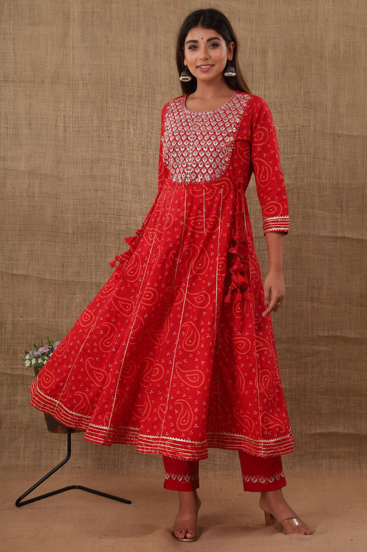 Kaajh Women's Red Bandhej Printed Anarkali Suit Set