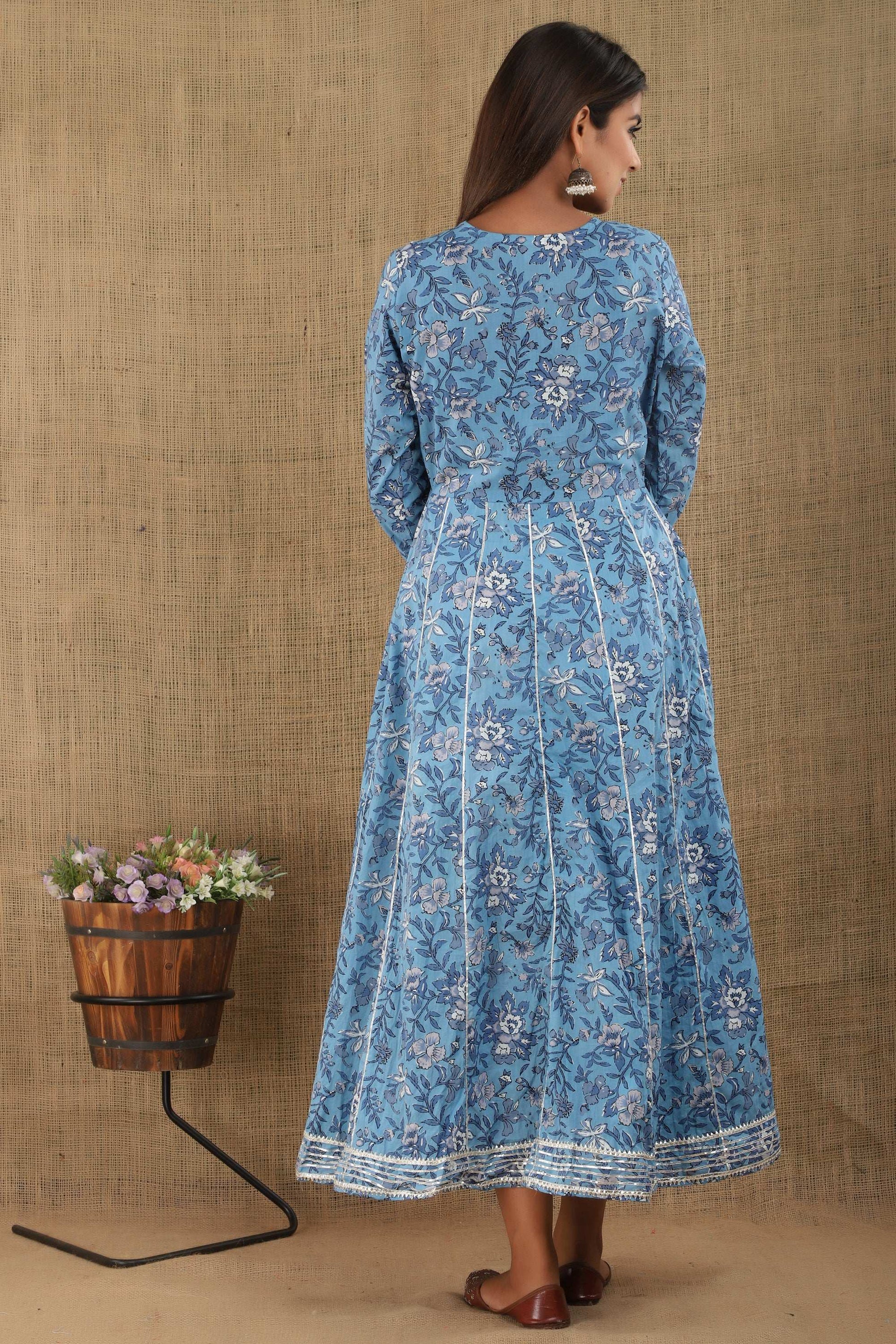 Kaajh Women's Blue Floral Print Embroidery Anarkali Kurta