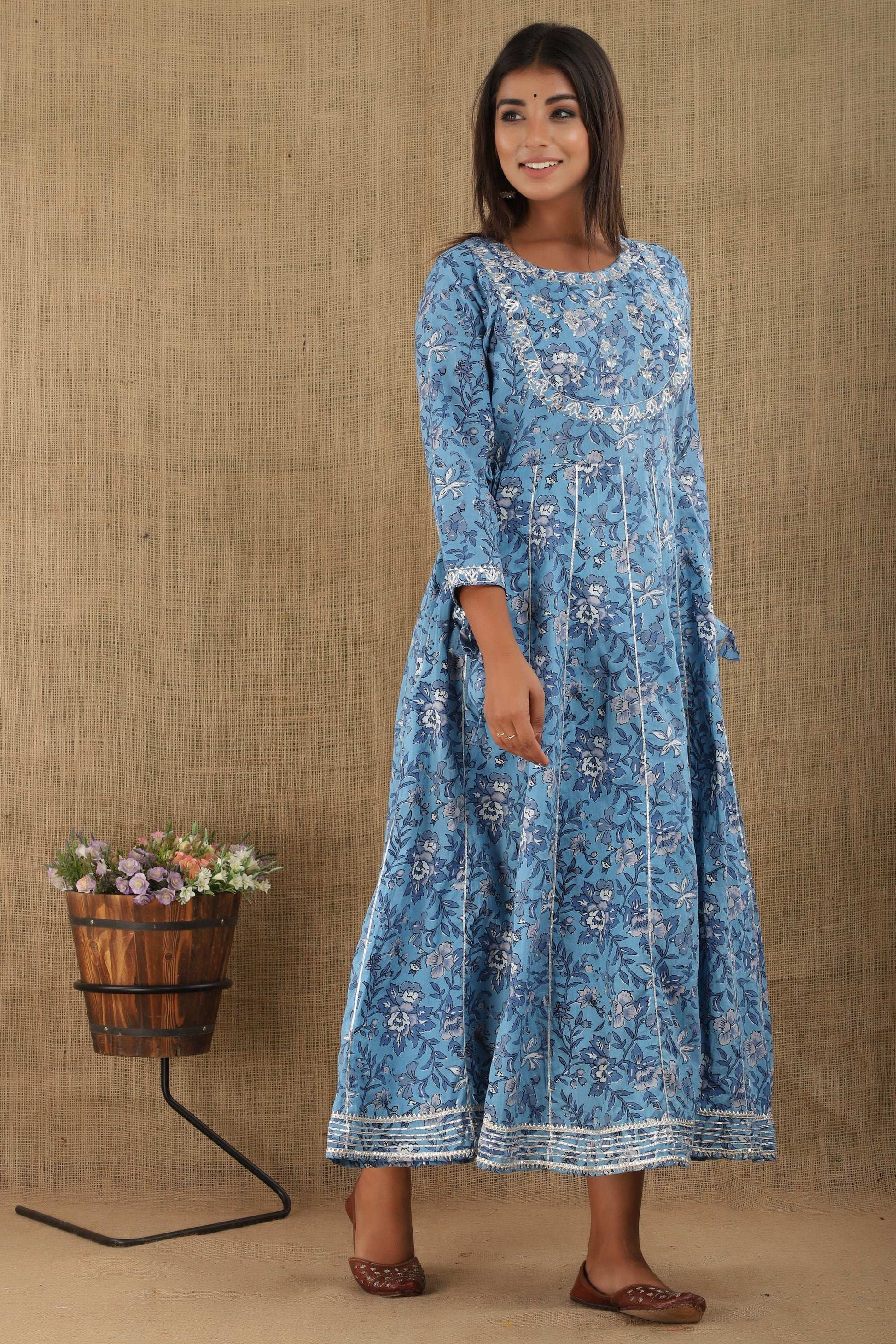 Kaajh Women's Blue Floral Print Embroidery Anarkali Kurta